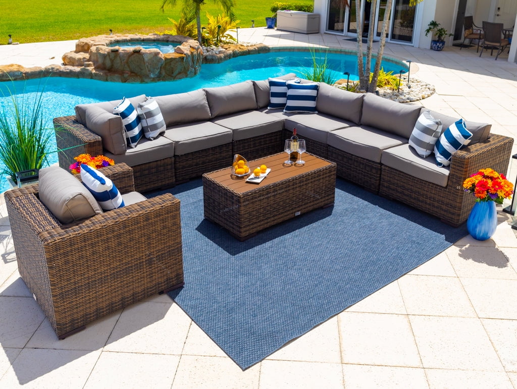 21 Piece Resin Wicker Outdoor Patio Furniture Combination Set with Sectional Set, Eight seat Dining Set, and Chaise Lounge Set (Half Round Brown Wicker, Polyester Light Gray)(Polyester Light Gray) Image 9