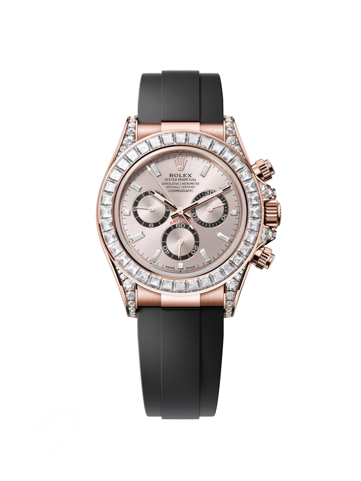 [Super Clone]Rolex Cosmograph Daytona 40mm Rose Gold Diamond Baguette Sundust Dial Diamond Bezel Oysterflex - 126535RBR