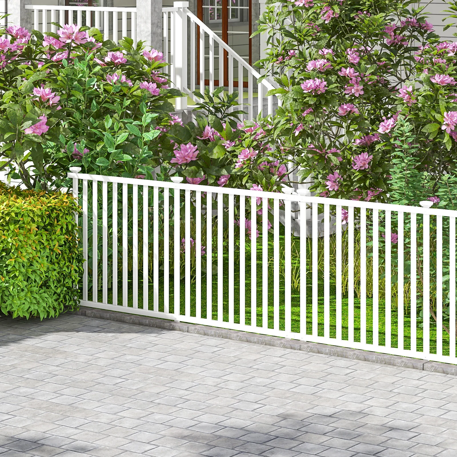 Topbuy Garden Decoration Fence Pack of 2 Vinyl Picket Panels with Sharp Ground Stakes Protective Caps PVC Slatted No Dig Fence