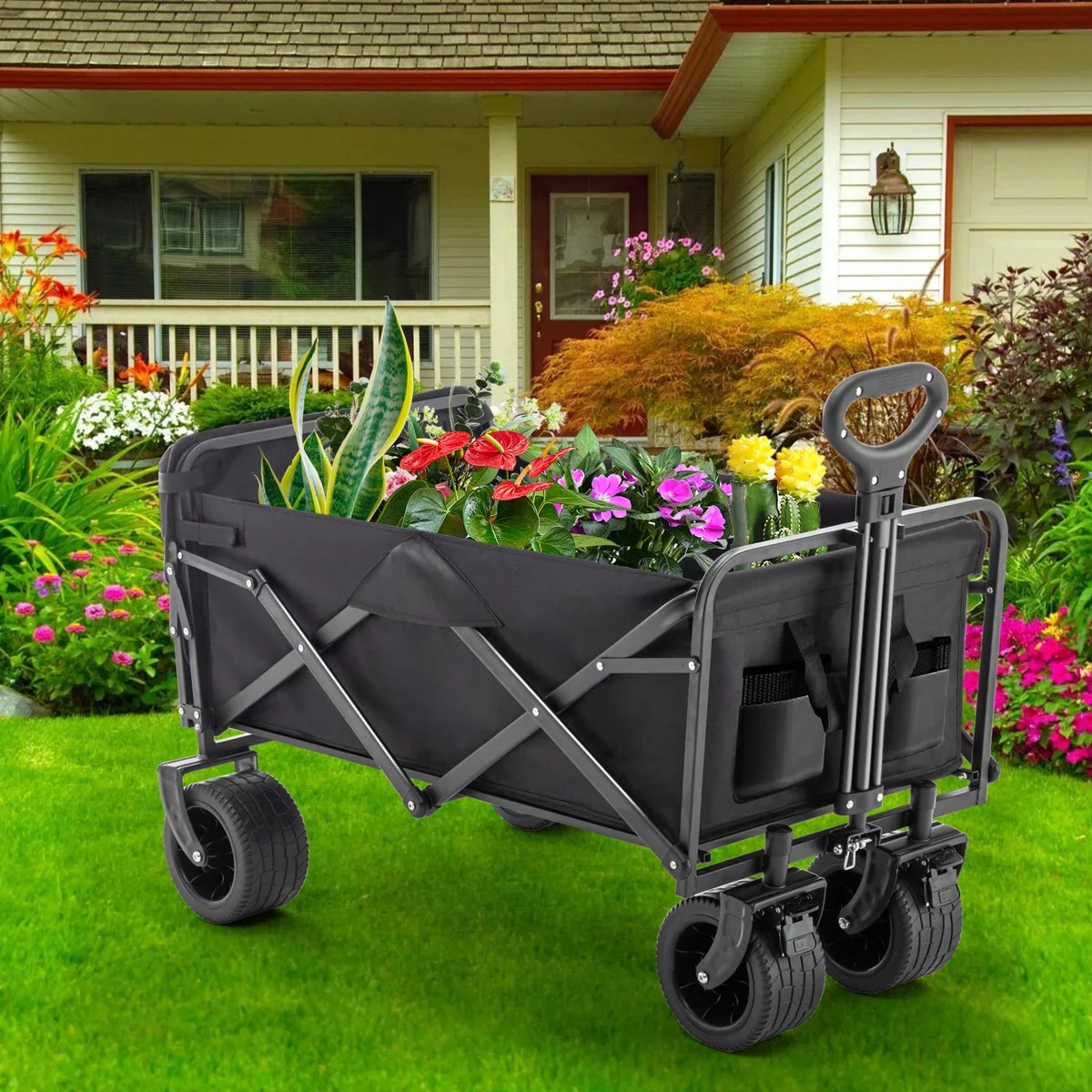 Foldable garden cart with brakes, outdoor camping vehicle, equipped with 360 degree rotating 8-inch off-road wheels and adjustable handle,practical picnic camping vehicle for parks