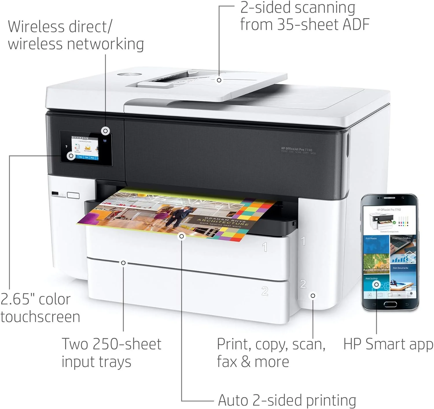 Wide Format All-in-One Color Printer with Wireless Printing, Works with Alexa (G5J38A), White/Black