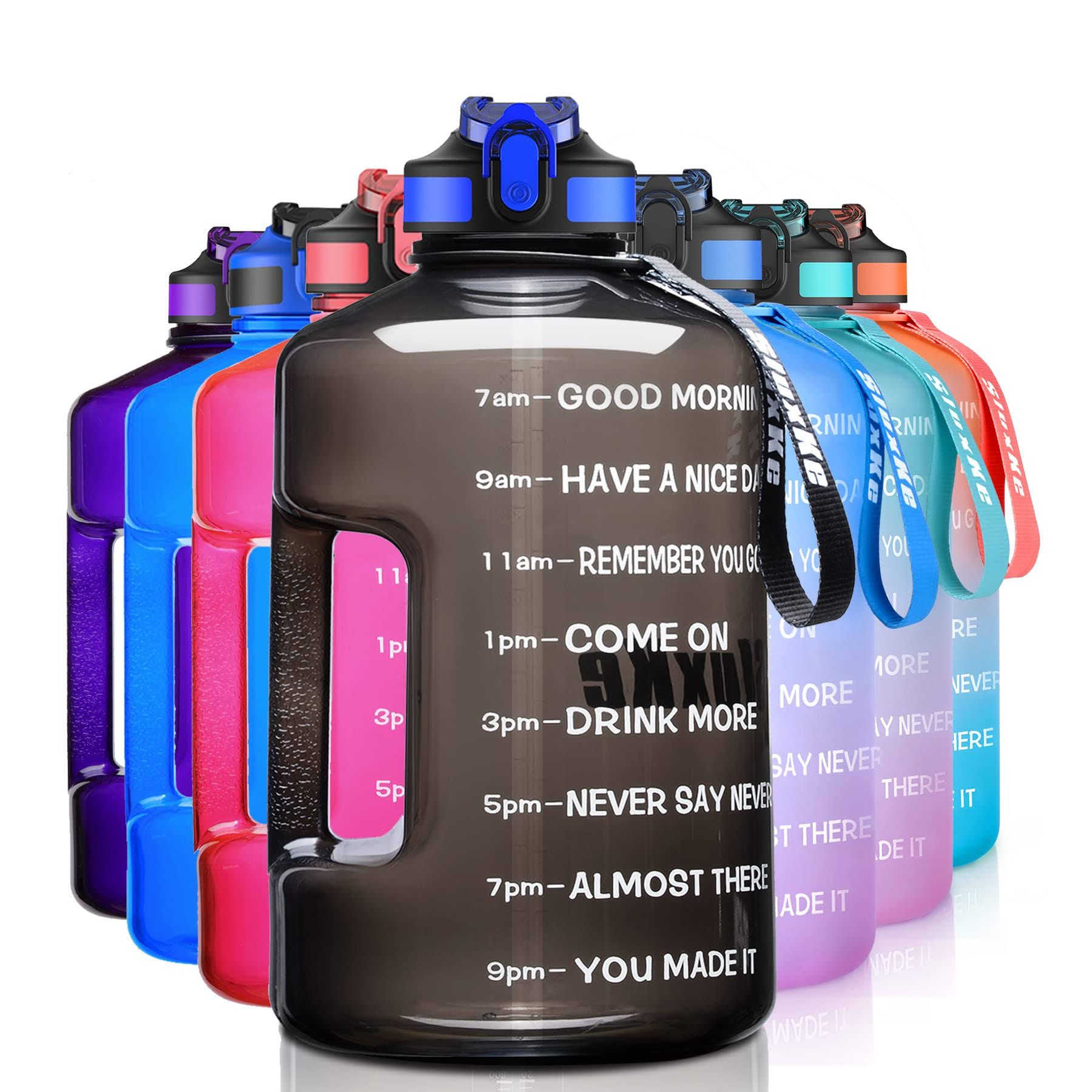 SLUXKE 1 Gallon Water Bottle with Time Marker BPA Free Motivational, 128oz Leak Proof Water Bottle Jug with Handle and Straw, One Click Open Sports
