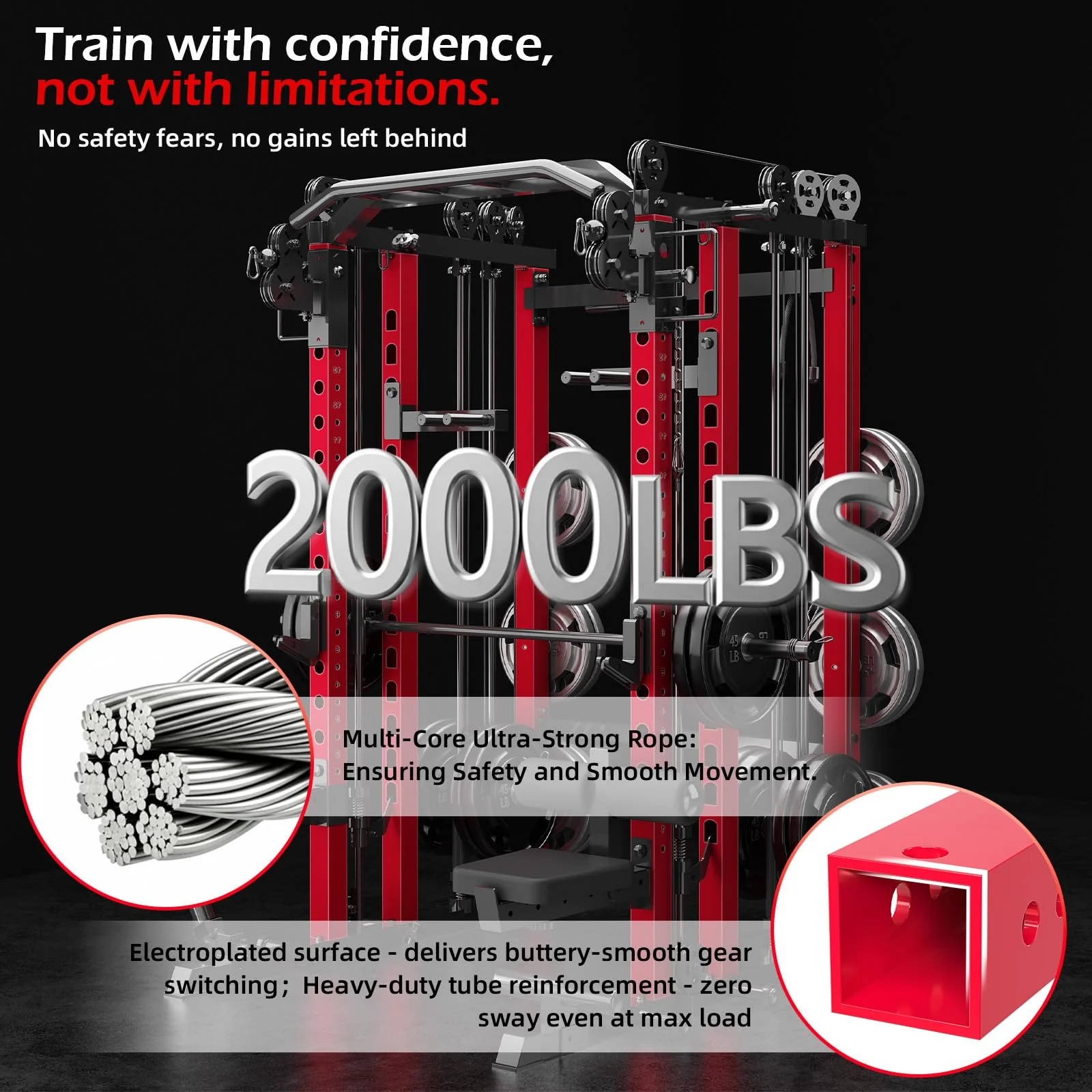 AECOJOY Smith Machine Power Squat Rack Cage, 2000lbs Crossover Machine with LAT Pulldown Strength Training Power Cages