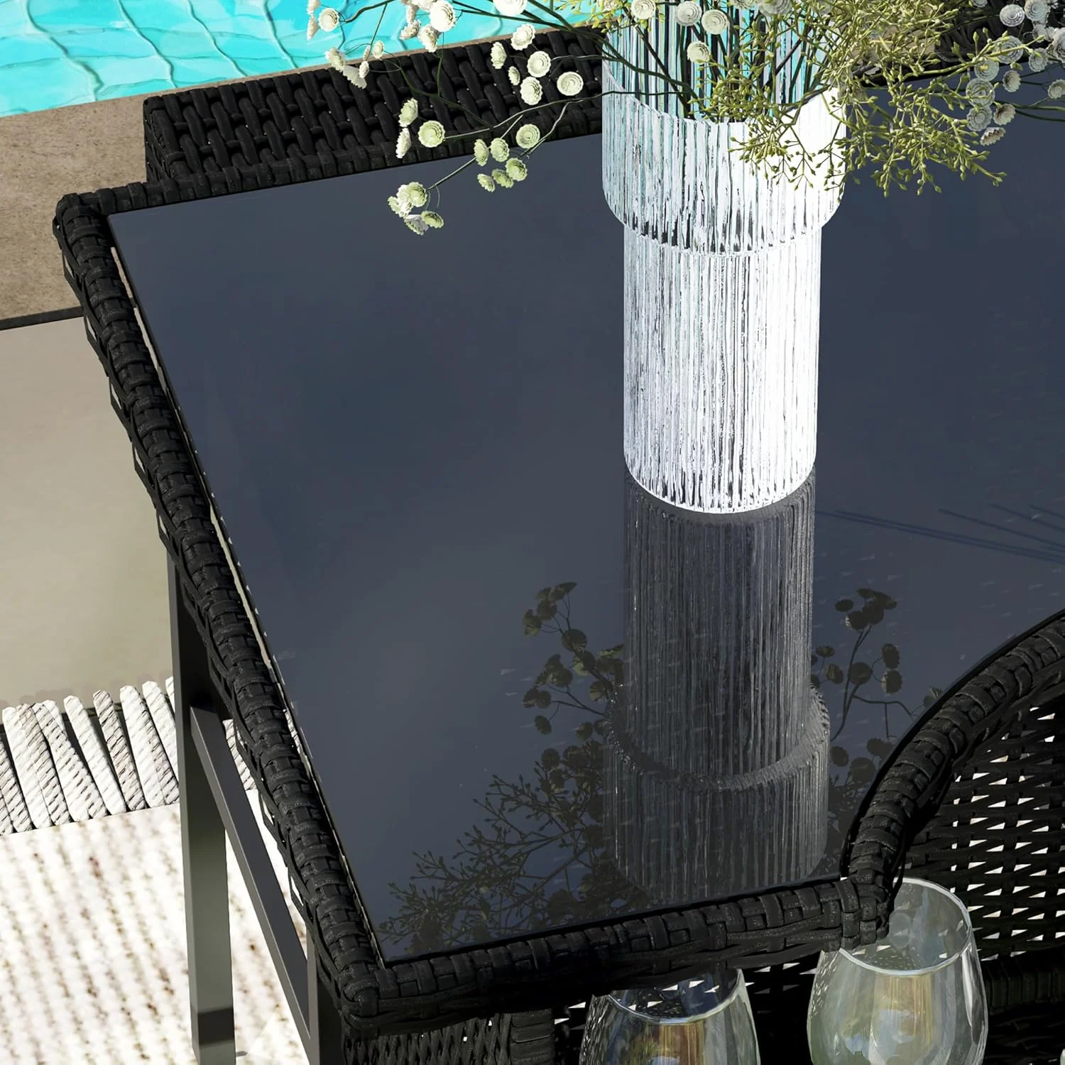 5-Piece Gray PE Rattan Outdoor Bar Set with Glass Table & 4 Stools