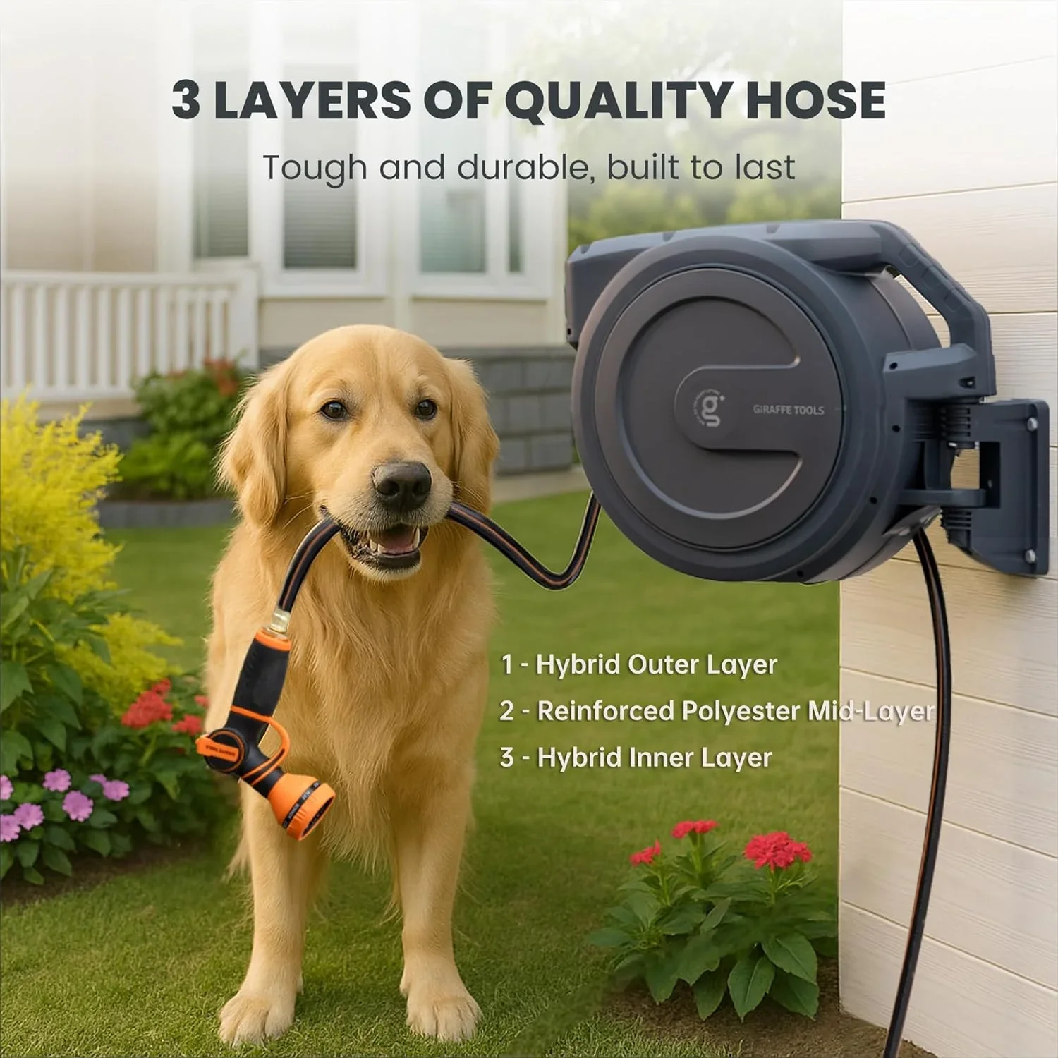 Giraffe Tools Retractable Garden Hose Reel with 1/2in-100ft Water Hose, Plastic Bracket, Wall Mounted, Dark Grey