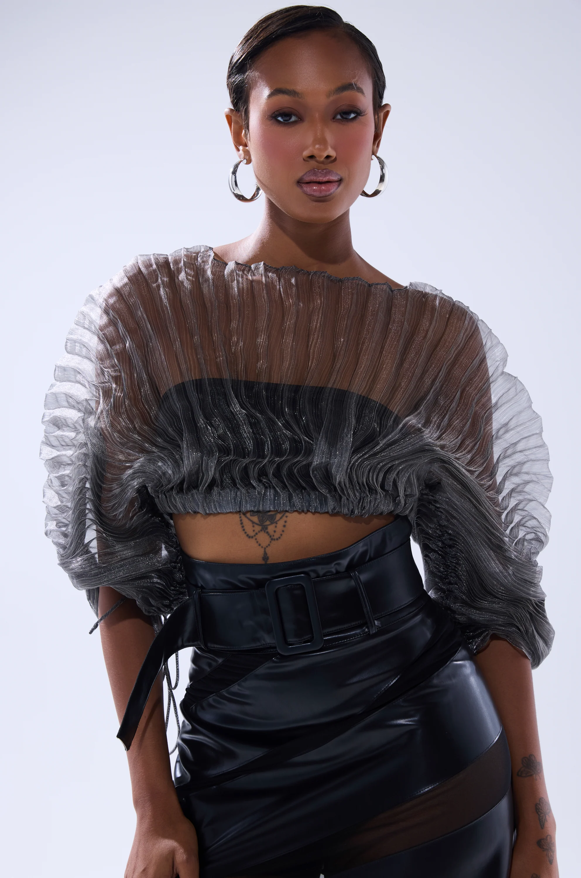 SHEER PLEATED CROP TOP IN GREY - Akira Store