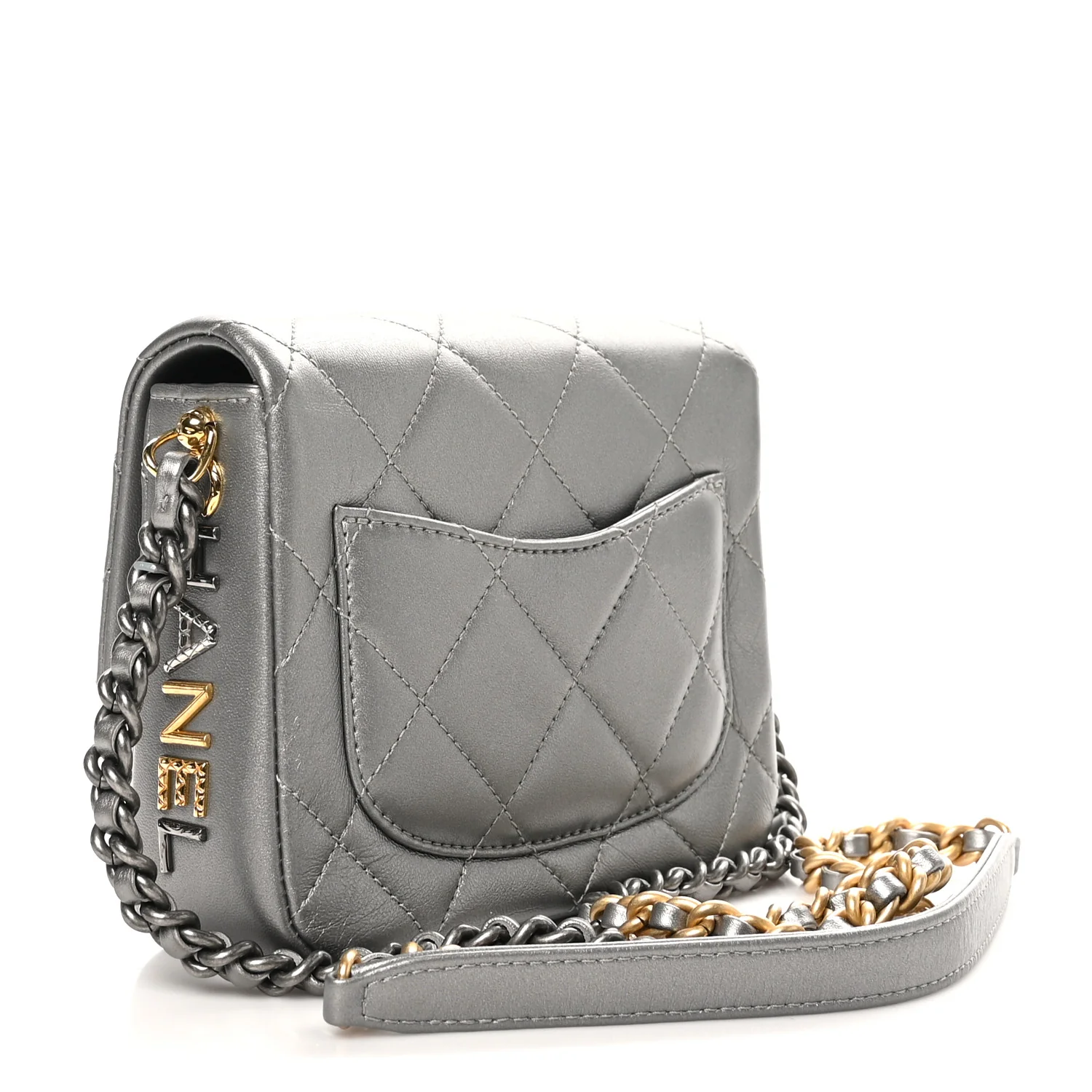 Metallic Lambskin Quilted Mini Side Note Flap Grey