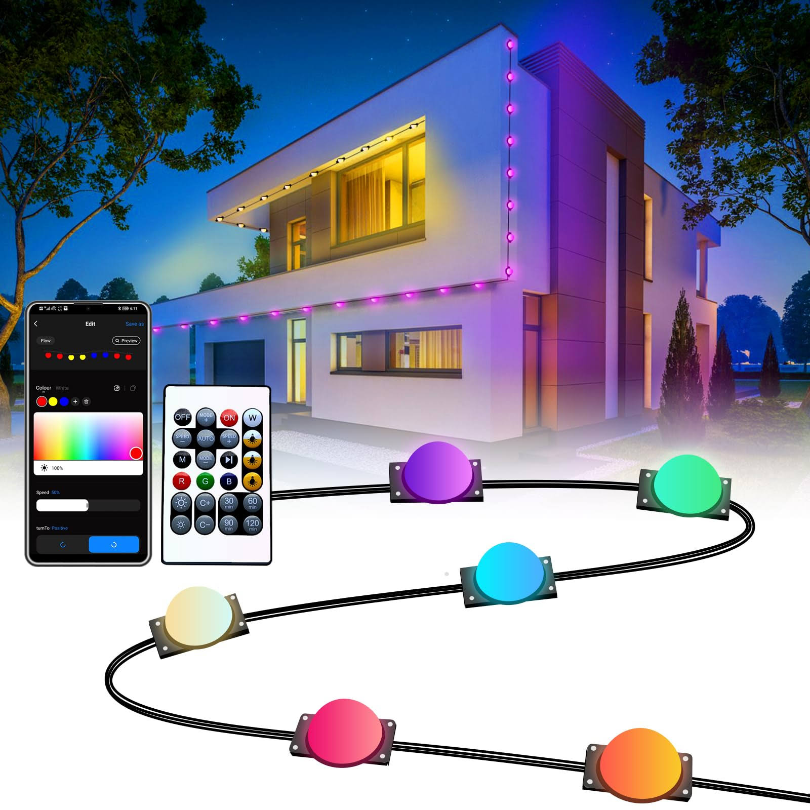Smart Permanent Outdoor Lights Waterproof, 50ft 48LEDs Eaves Lights App & Remote Control, Color Changing Outdoor Lights with DIY Modes for Party