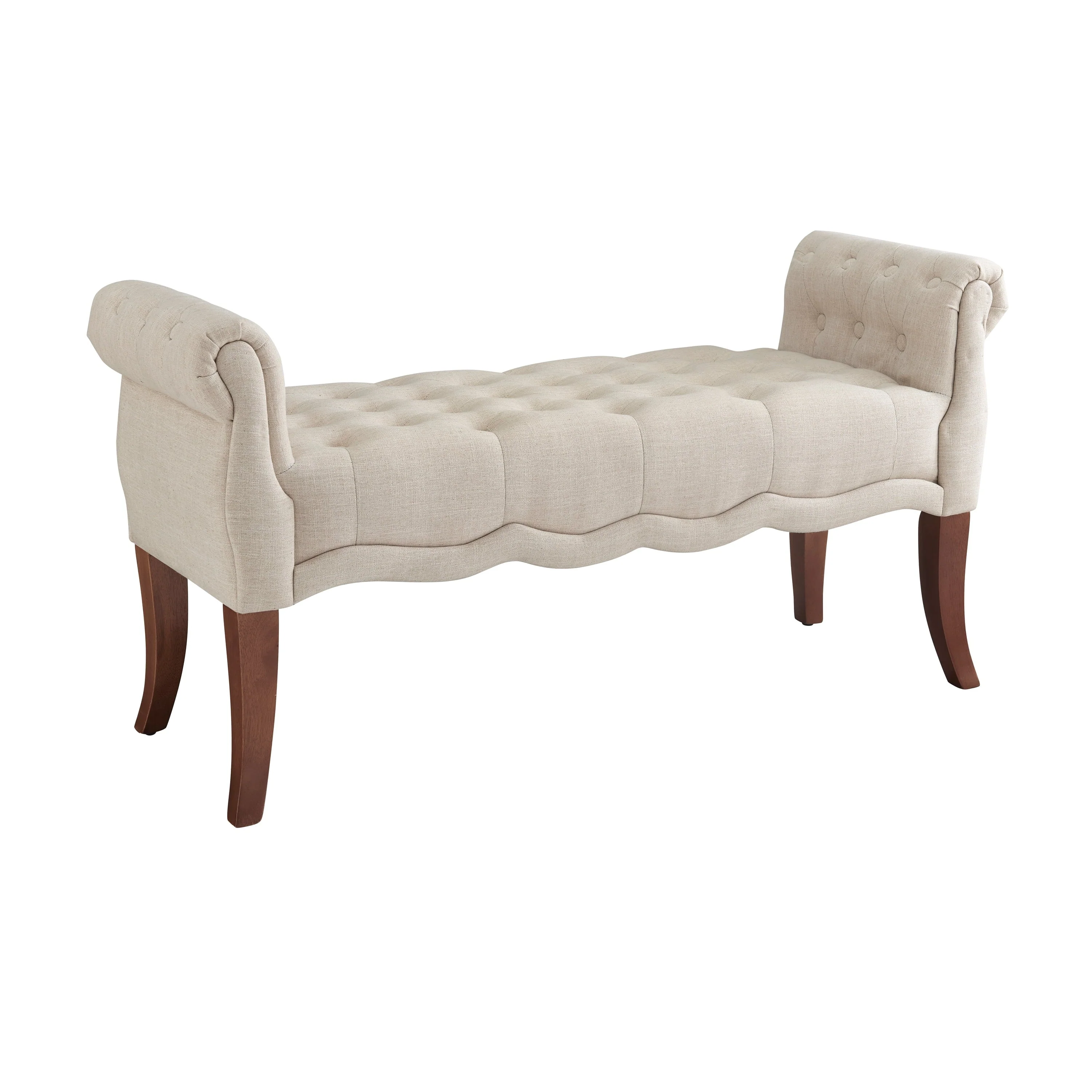 Menlo Rolled Arm Button Tufted Bench, Dark Walnut Finish with Natural Fabric(Dark Espress) Image 4