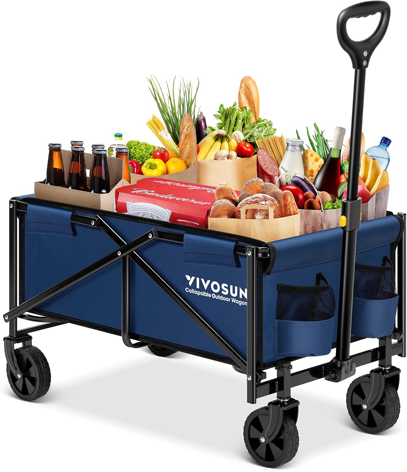 VIVOSUN Collapsible Folding Wagon, Outdoor Utility with All-Terrain Wheels, Adjustable Handle, Cup Holders & Side Pockets, for Camping, Shopping, Garden, 210Lbs Capacity, Blue