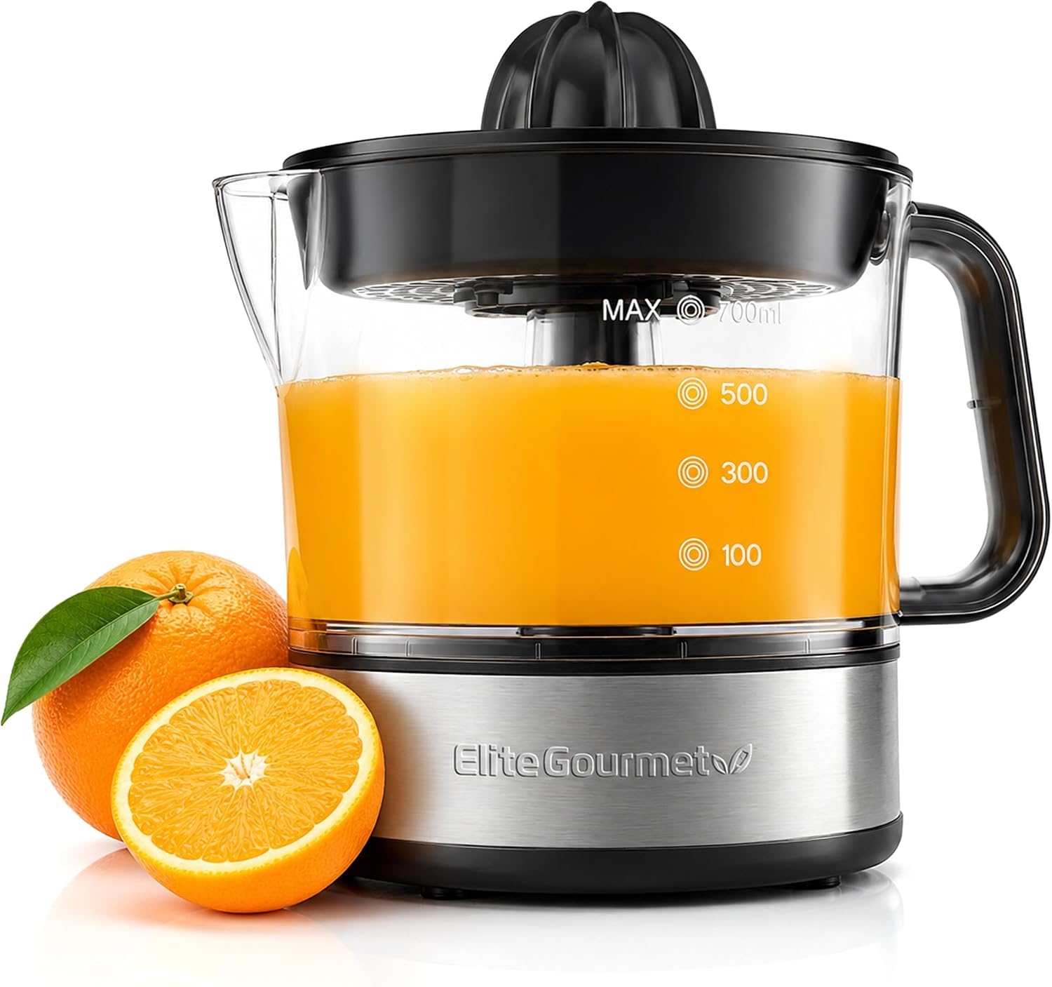 Elite Gourmet ETS623 Electric Citrus Juicer, 24 oz, Black/Stainless Steel| BPA-Free 40-Watt motor, compact large-volume pulp control - juices oranges, lemons, limes & grapefruits, easy-pour spout