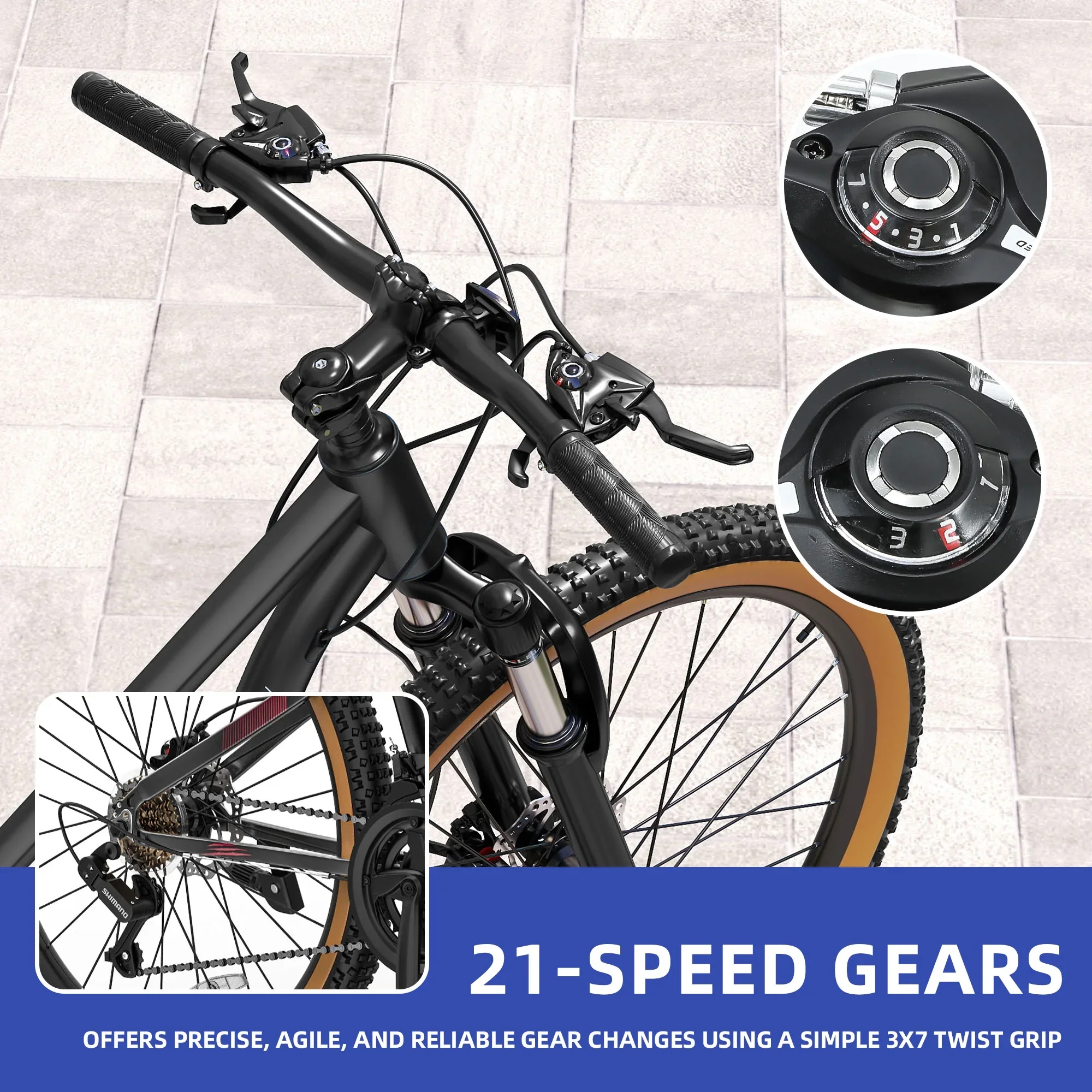 ModFusion 26-Inch Aluminum Alloy Mountain Bike, 21-Speed, Disc Brakes, Black with Brown Tires, 85% Assembled