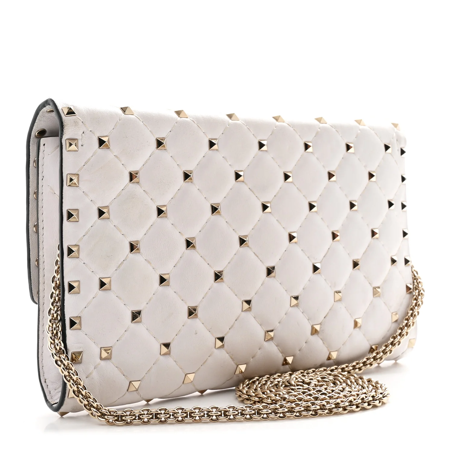 Lambskin VLTN Print Rockstud Spike Wallet On Chain White