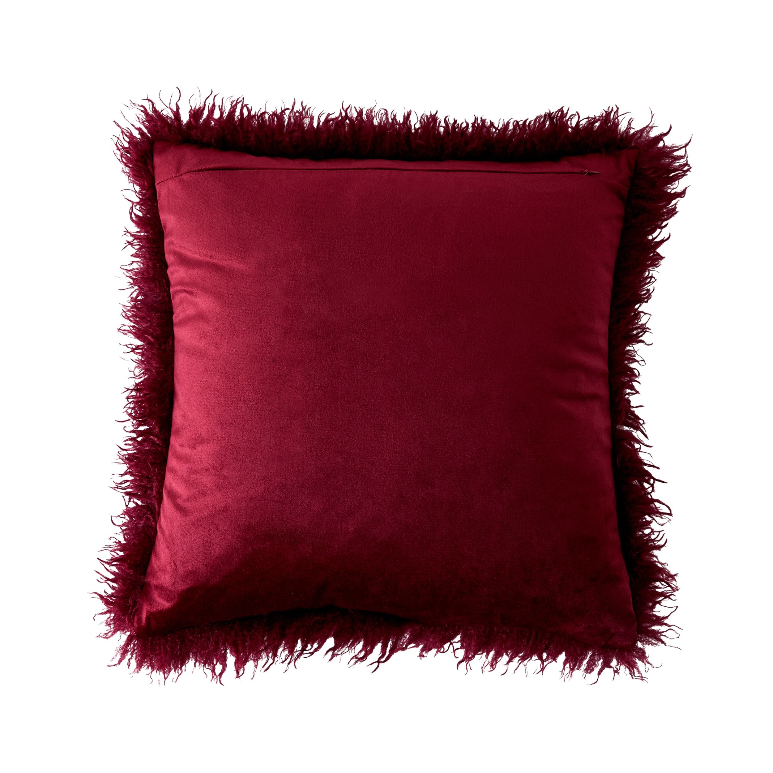 Faux Mongolian Fur and Velvet Cushion Claret 45x45cm
