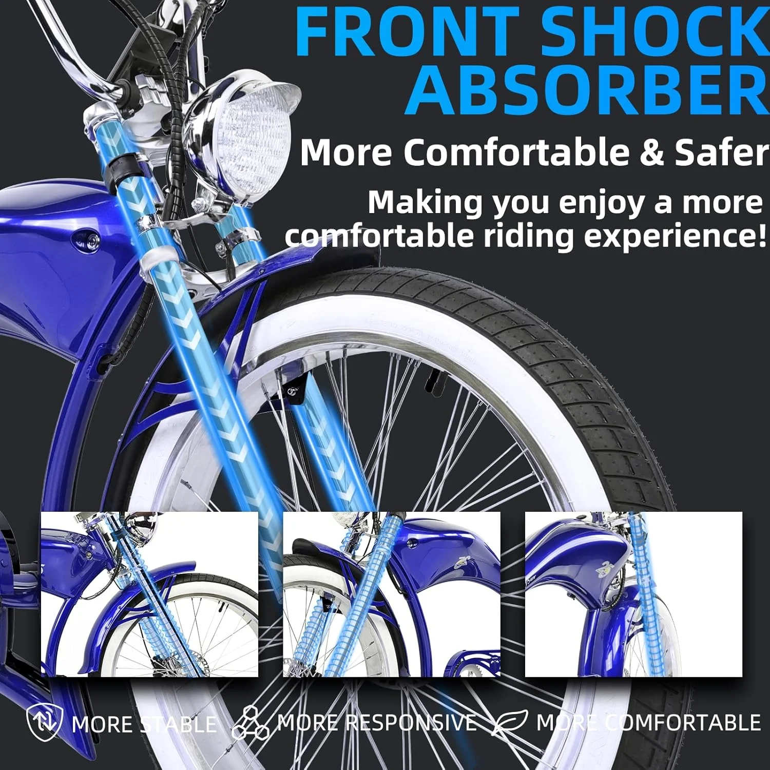 Twenty5 GT 800W Chopper Stretch Cruiser Ebike, 26" Wheels, Supsension Triple Tree Fork, White Wall Tire, Disc Brake, for Men, Blue Image 5