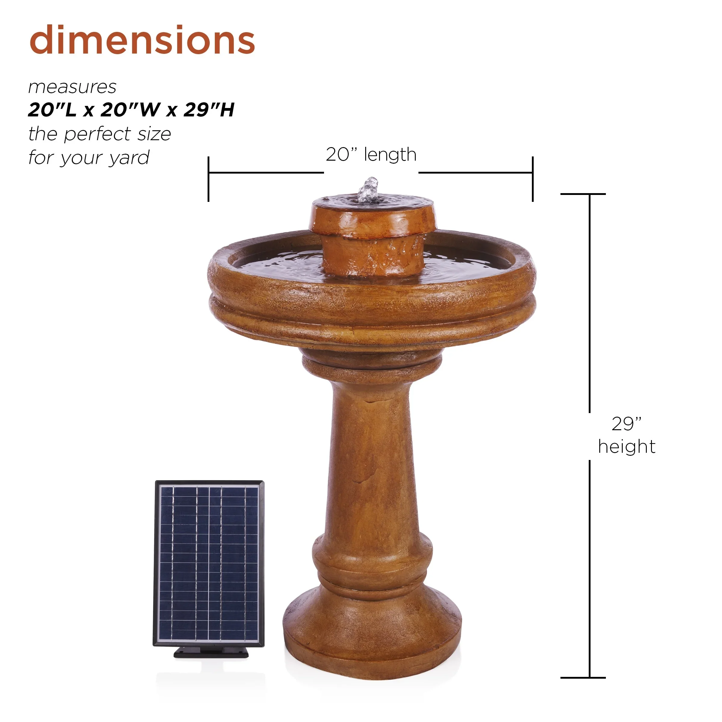 Alpine Corporation  29 Outdoor Birdbath Fountain with LED Lights  Classic Pedestal Solar-Powered Garden Water Feature, Brown