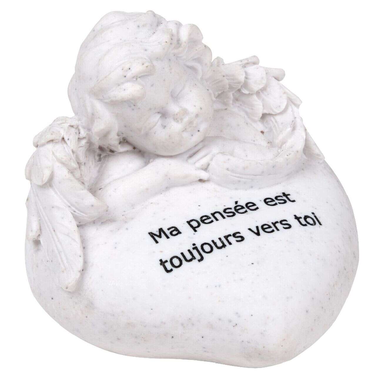 Statuette ange et coeur funéraire avec inscription pensée