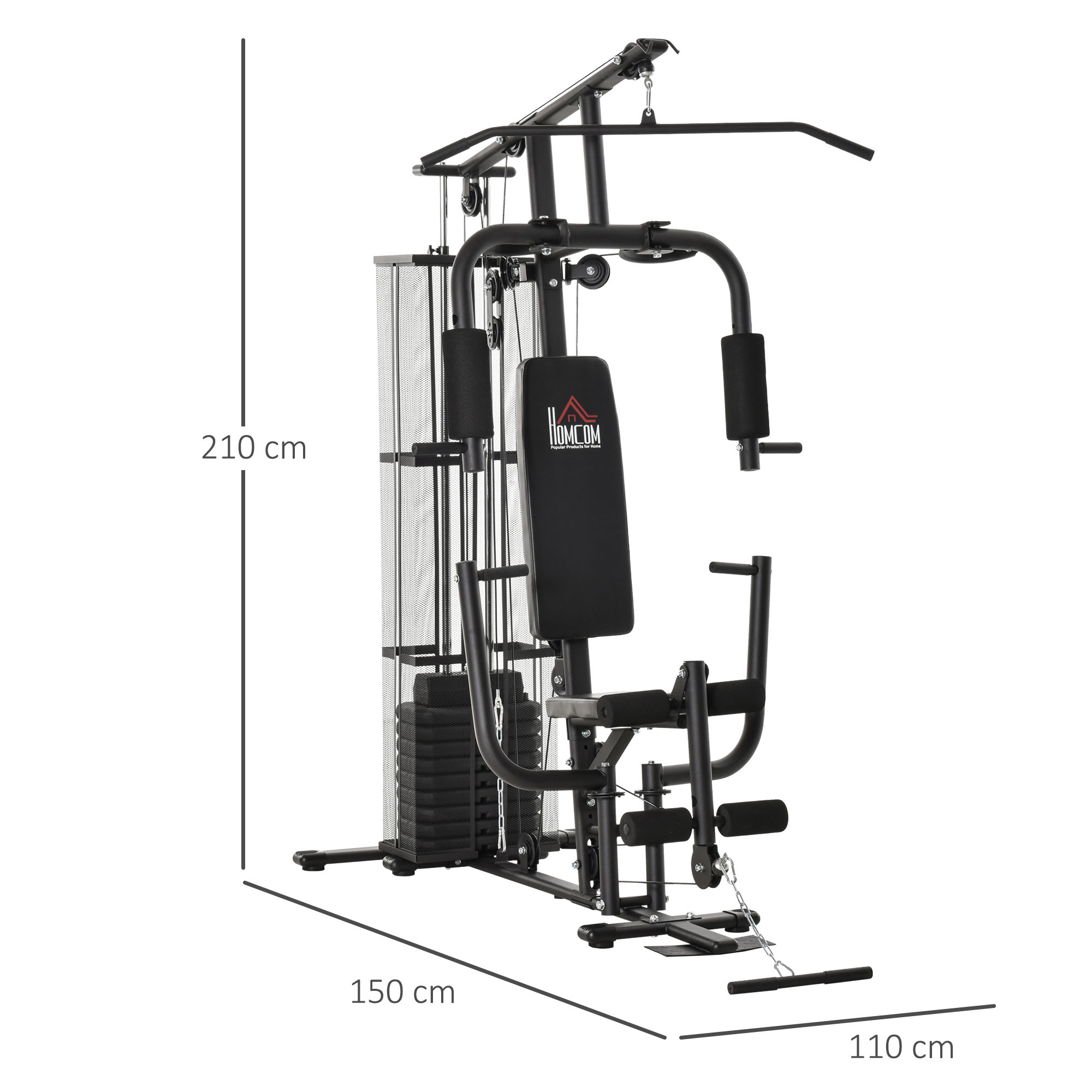 HOMCOM Gym Krachtstation Fitnessstation Multigym Fitnesscentrum Fitnessapparatuur incl. gewichten Latzug Beincurl Metaal PU-kunstleer zwart 150 x 110 x 210 cm