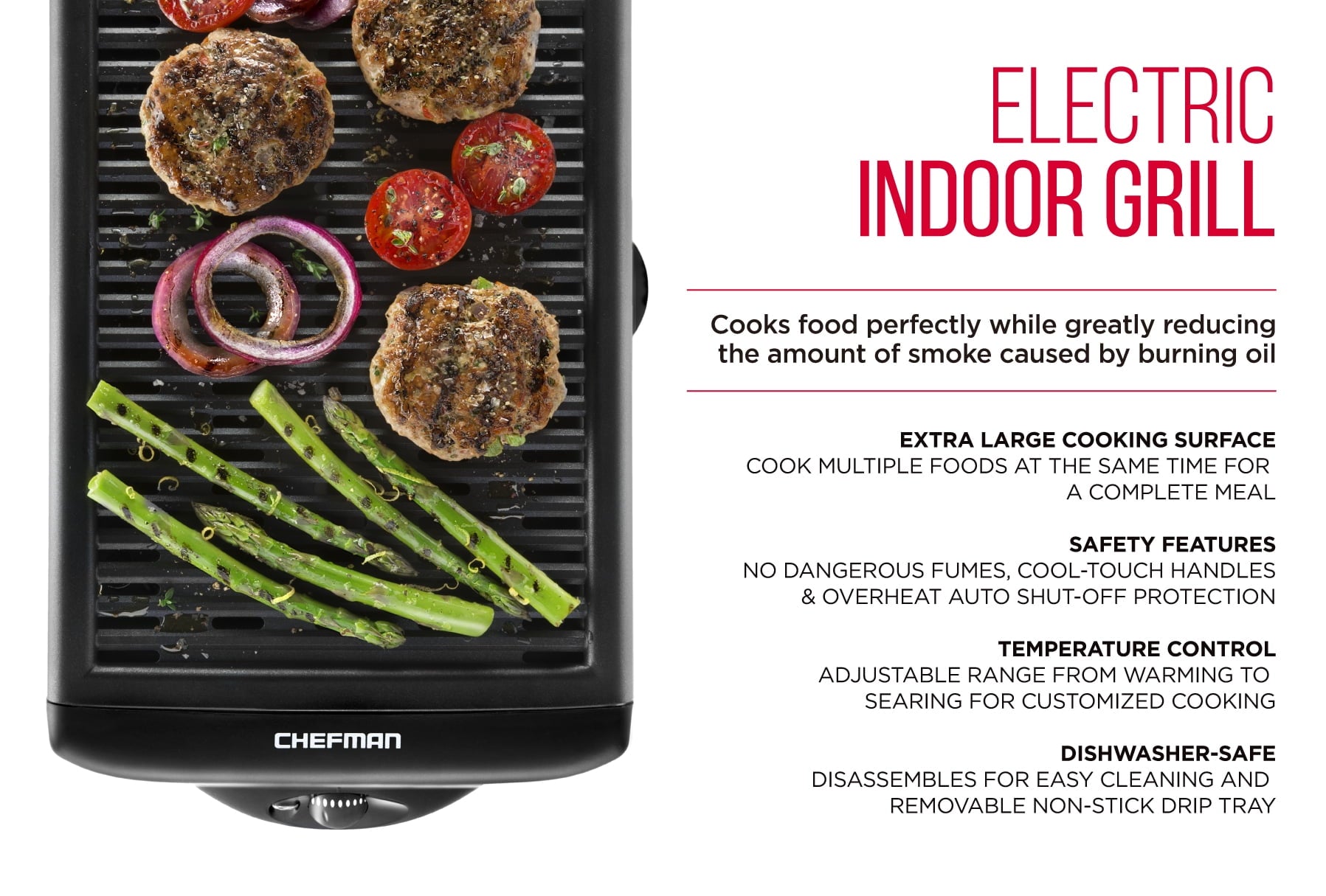 Electric Smokeless Indoor Grill with Non-Stick Cooking Surface and Adjustable Temperature Knob from Warm to Sear for Customized Grilling. Dishwasher Safe Removable Drip Tray. Black