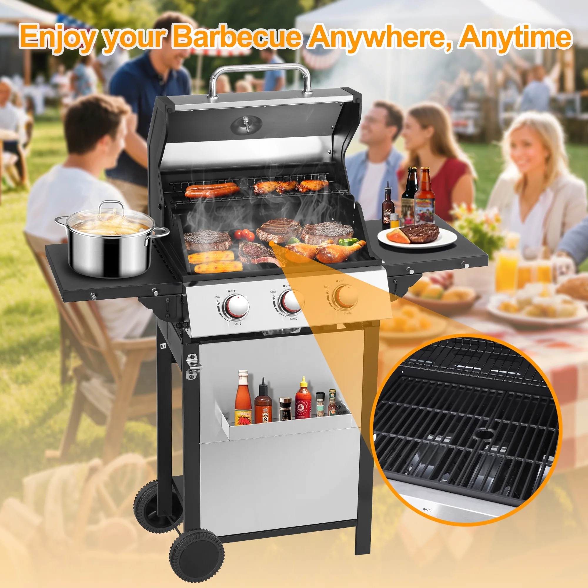 3-Burner Propane Gas Grill with 2 Foldable Side Tables, 30,000 BTU Outdoor BBQ Stainless Steel Grill with Porcelain-Enameled Cast Iron Grates and Thermometer, Easy Assembly for Patio, Backyard BBQ(Pro 3-Burner) - Image 6