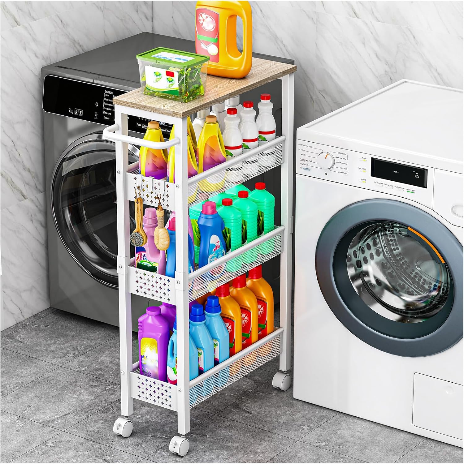 Vivihomety 4-Tier Slim Utility Rolling Laundry Cart with Wheels, Metal