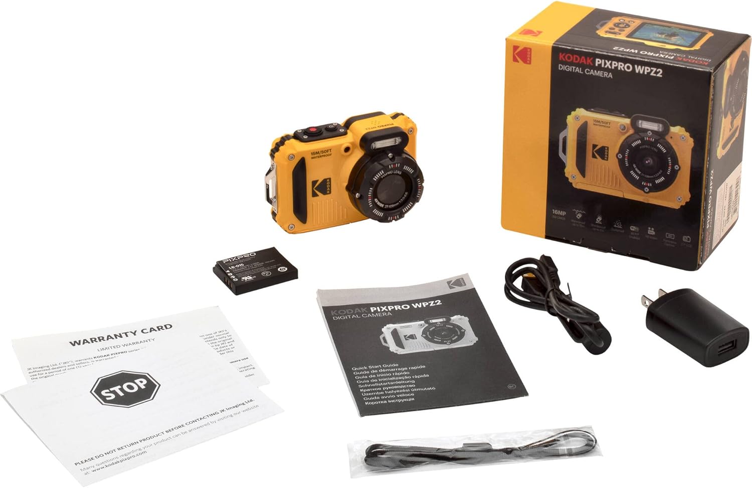 Kodak PIXPRO WPZ2 Rugged Waterproof Shockproof Digital Camera 16MP 4X Optical Zoom 1080P Full HD Video  2.7 LCD (Yellow)  32GB SD Card  Black Compact Case  Floating Strap  Bundle (7 Items)