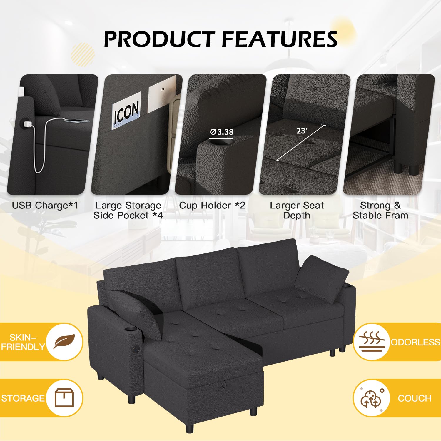 AECOJOY Sleeper Sofa Couch with Pullout Bed, Teddy Fleece, Black