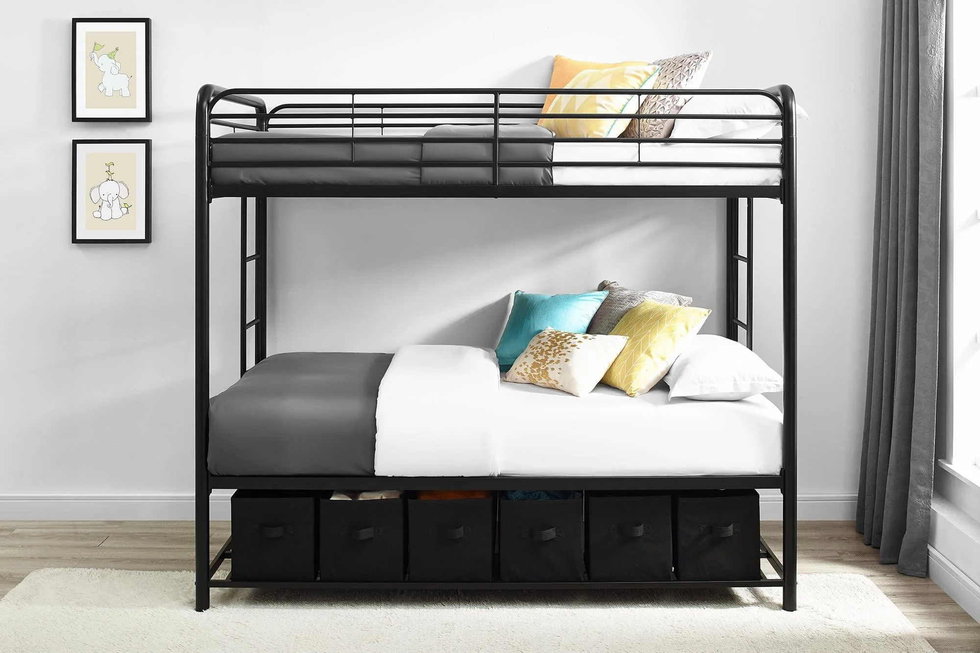 Twin over Twin Metal Bunk Bed with Storage Bins, Black - Image 4