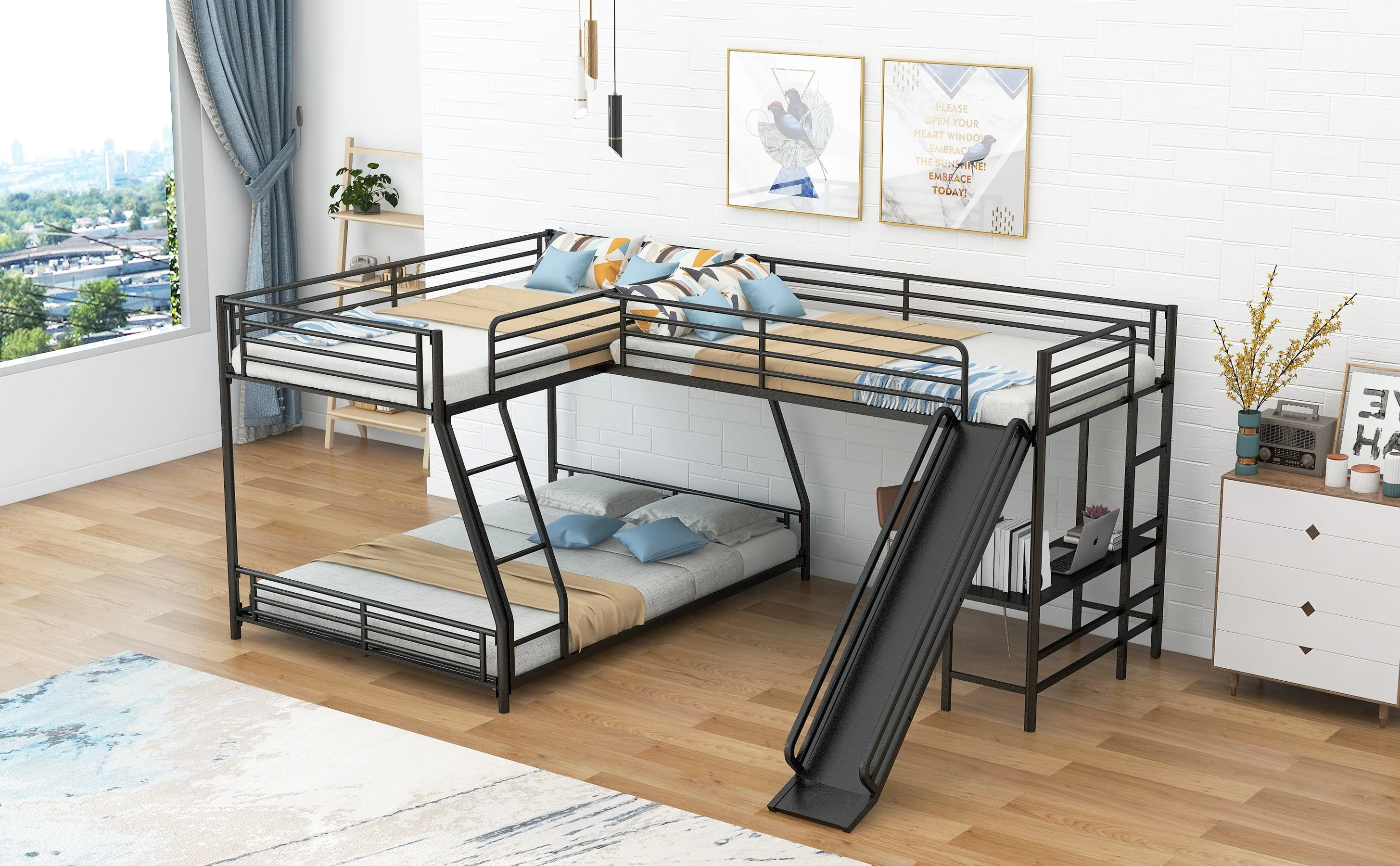 Metal L-Shaped Twin over Full Bunk and Loft Bed with Desk for Kids, Black - Image 4