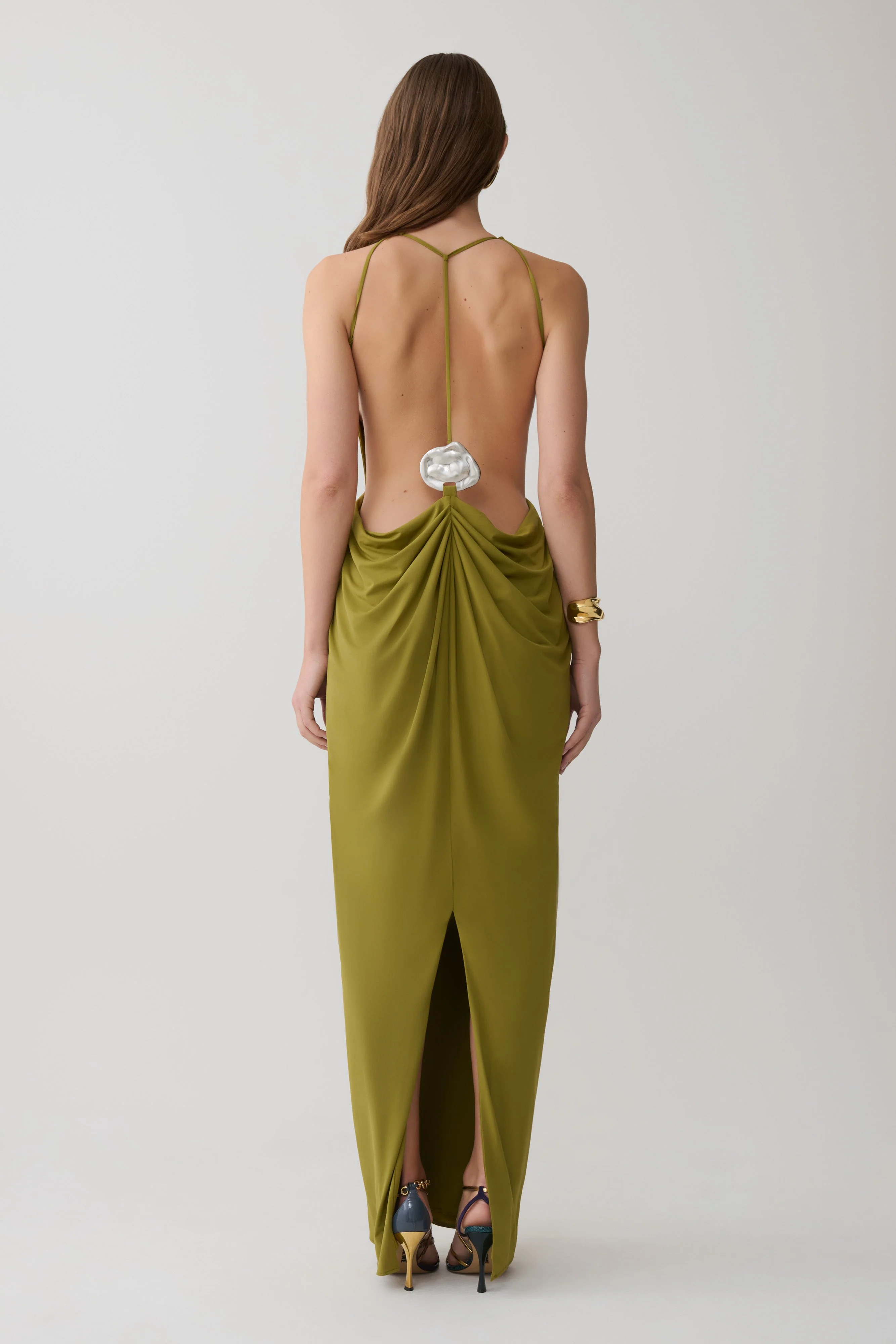 Bahari Low Back Halter Maxi Dress - Vintage Olive