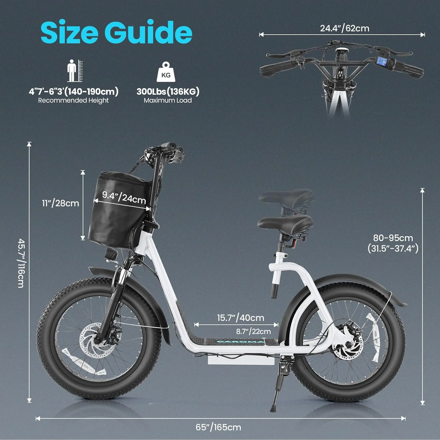 Trottinette électrique pliable Caroma Peak 800W pour adultes, avec pneus de 20 pouces de large, batterie 48V, panier et siège réglable.