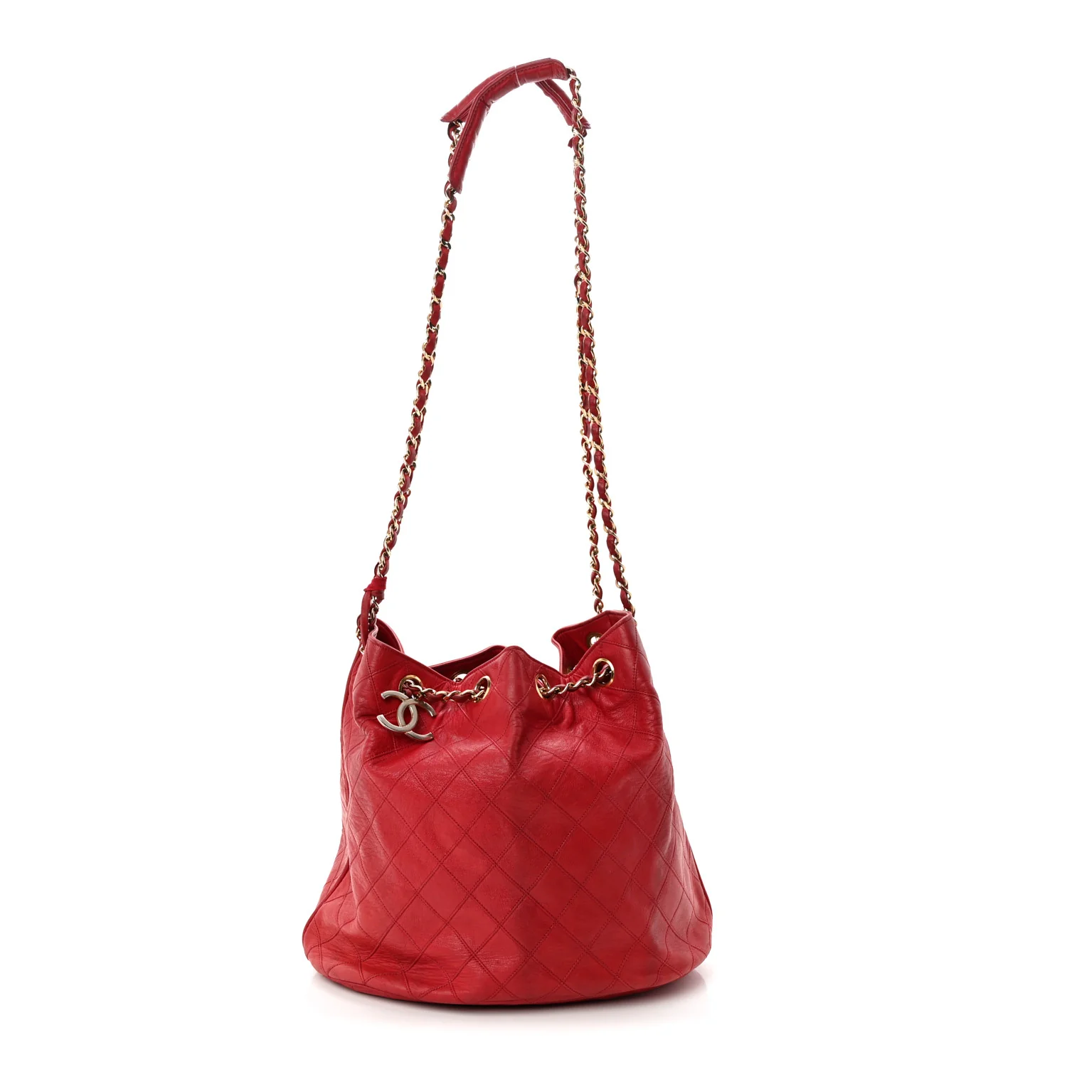 Lambskin Diamond Stitched CC Drawstring Shoulder Bag Red