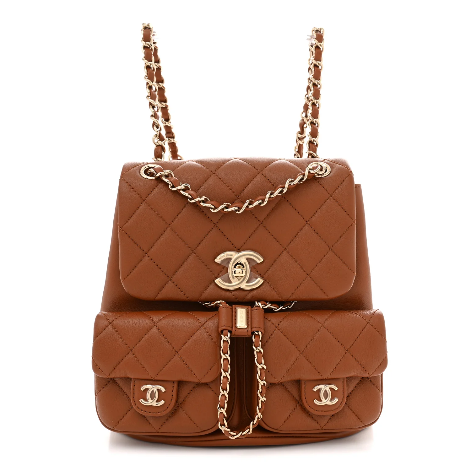 Calfskin Quilted Medium Duma Pockets Drawstring Backpack Light Brown