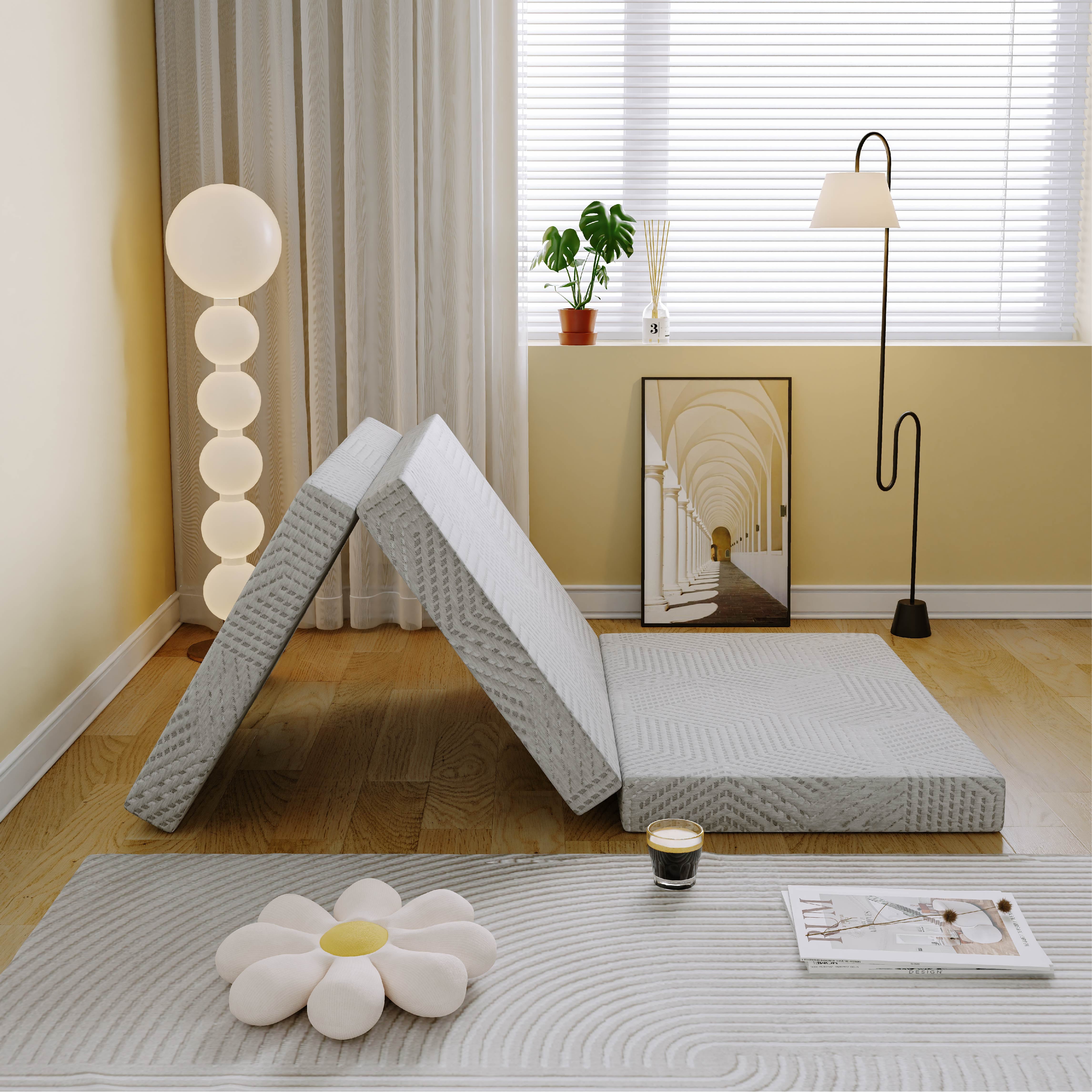 Ego 4 inch Tri Folding Memory Foam Mattress. Portable Guest Bed. Queen Size