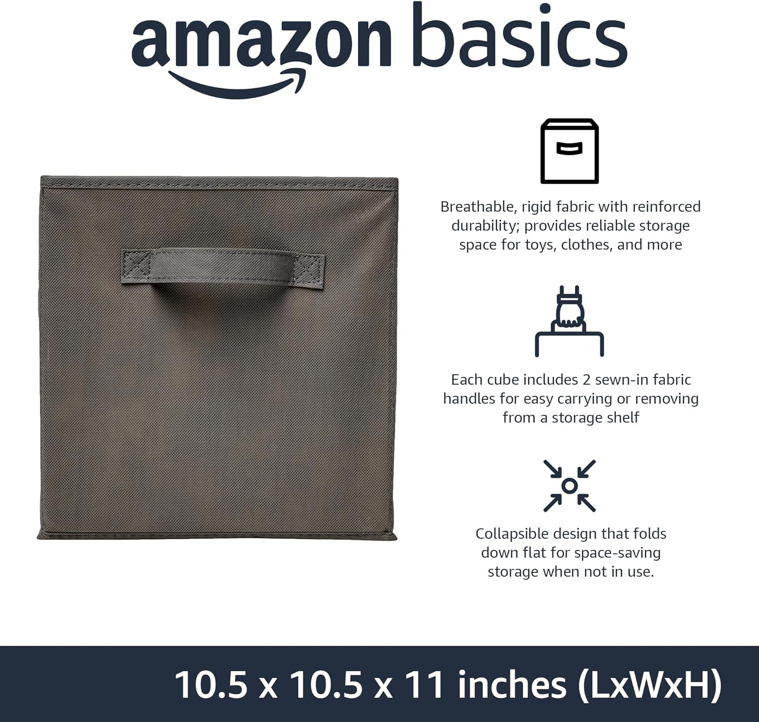 Amazon Basics Collapsible Fabric Storage Cubes Organizer with Handles, Sturdy, Foldable, Space-Saving, 10.5