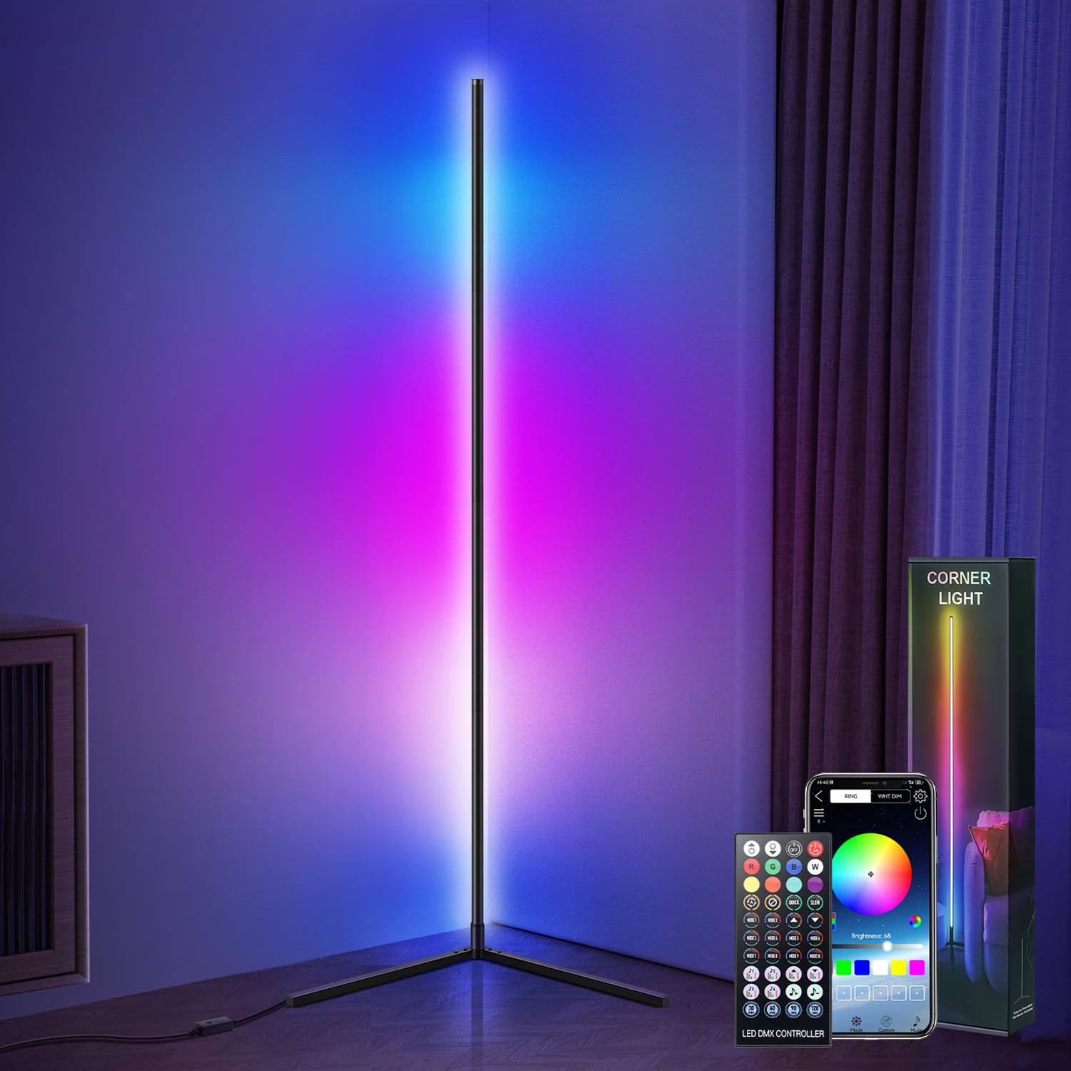 WITHINSAFE Corner Floor Lamp - RGB Color Changing Mood Lighting Lamp - 56.7