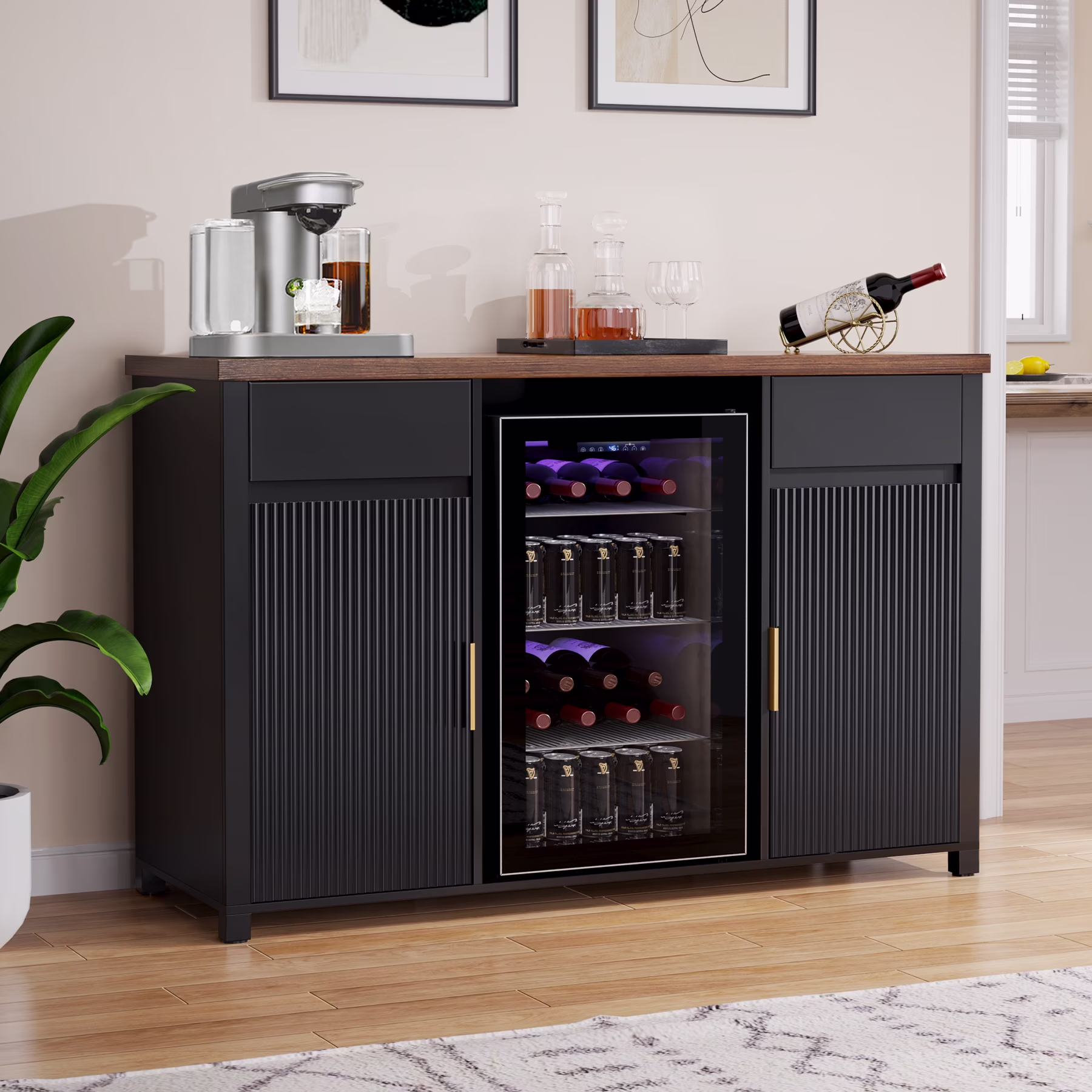 Coffee Bar Cabinet with Fridge Space, Mini Fridge Cabinetbuffet Sideboard53.2