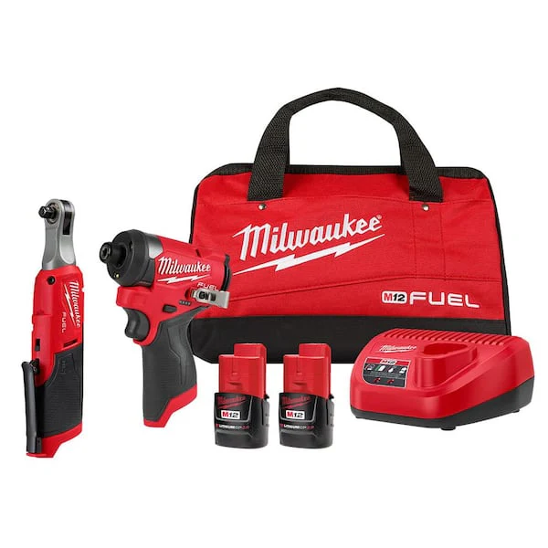 M12 FUEL 12V Lithium - Ion Cordless 3/8 In. Ratchet and 1/4 In. Impact Driver Kit (2 - Tool) W/Batteries, Charger & Bag