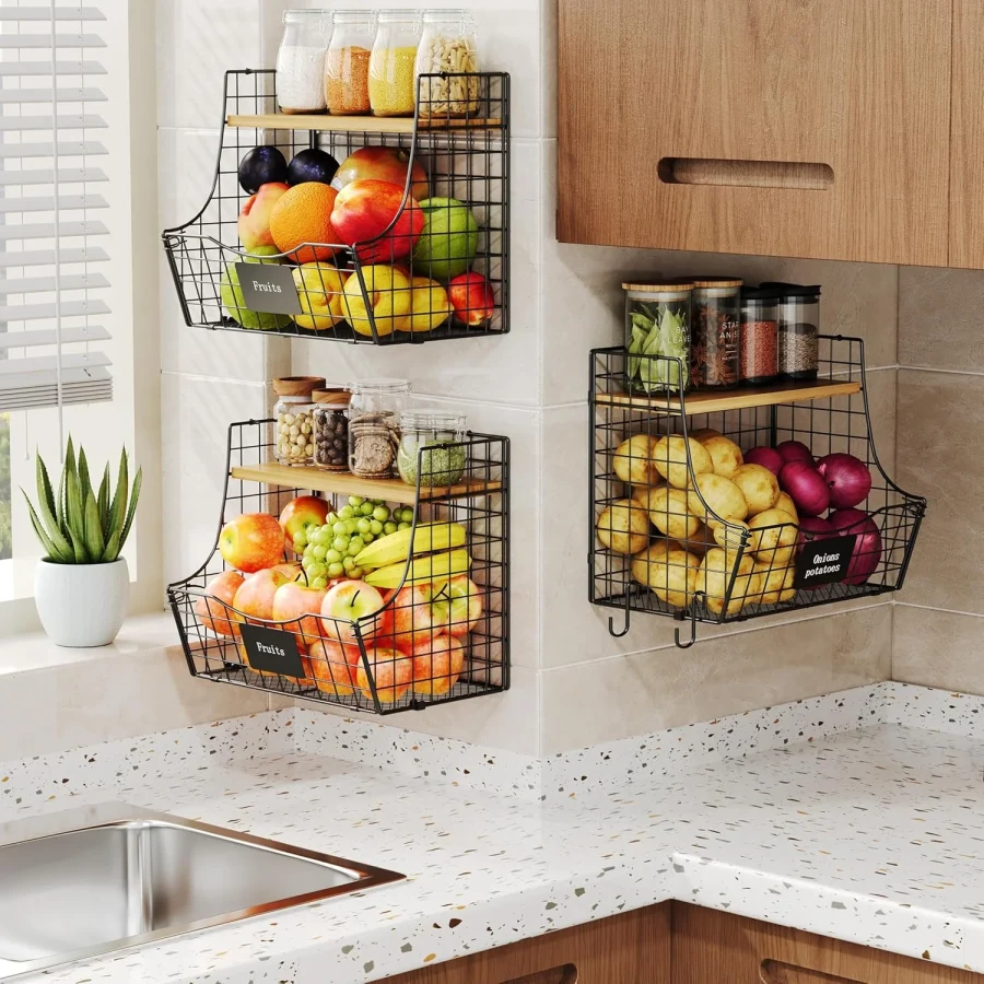 3 Pack Fruit Basket For Kitchen With Wood Lid - Counter&Amp;Wall Mounted Onion And Potato Storage With Nameplate, Stackable Storage Basket