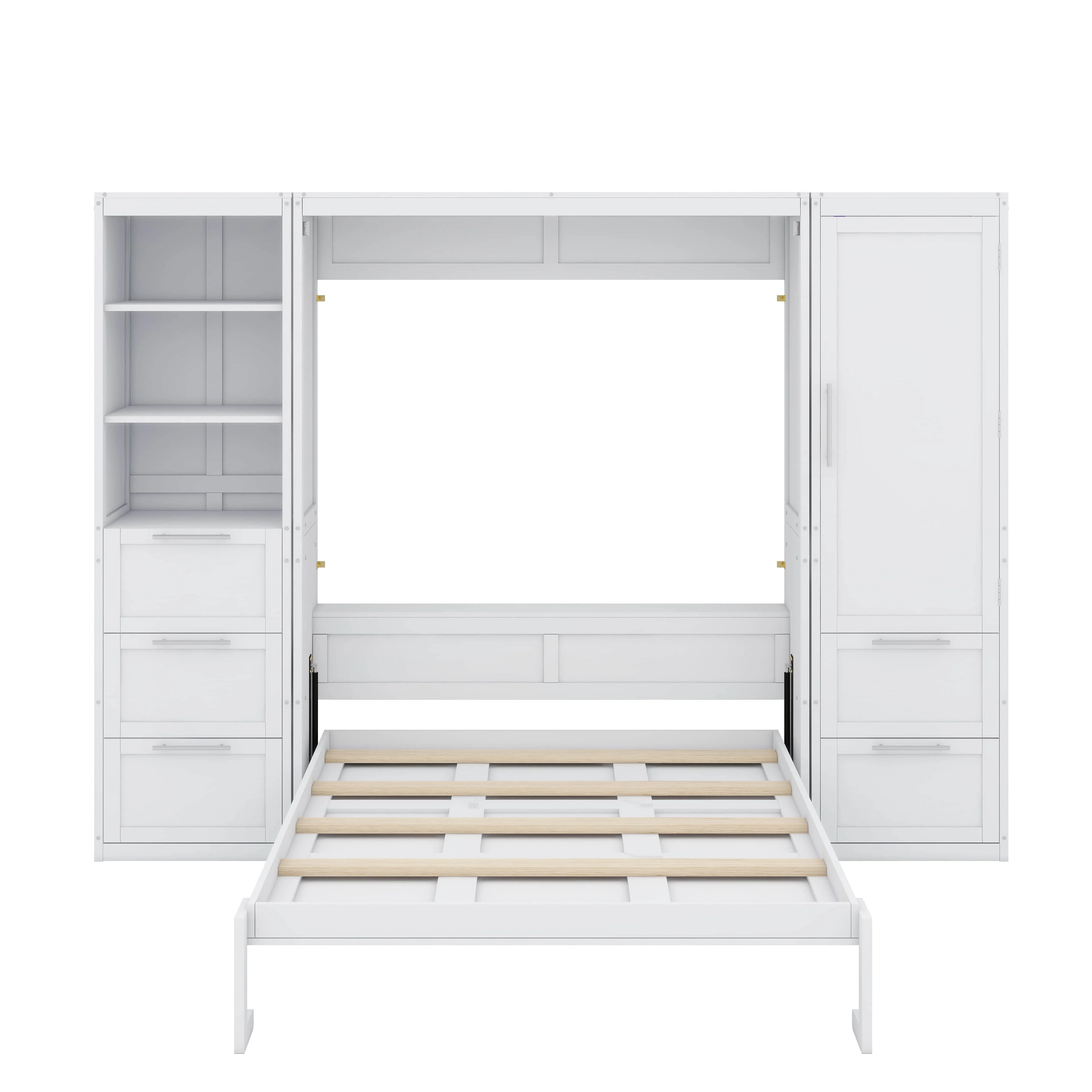 Queen Size Gray Murphy Bed Wall Bed with Closet,Drawers and Shelves(White) - Image 5