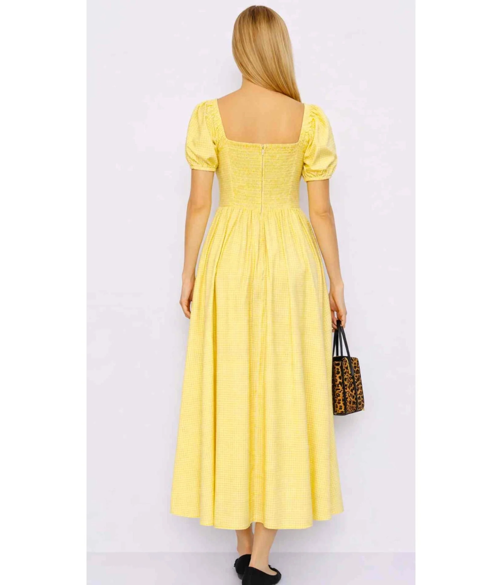 Yellow Gingham Puff Sleeve Midi Dress