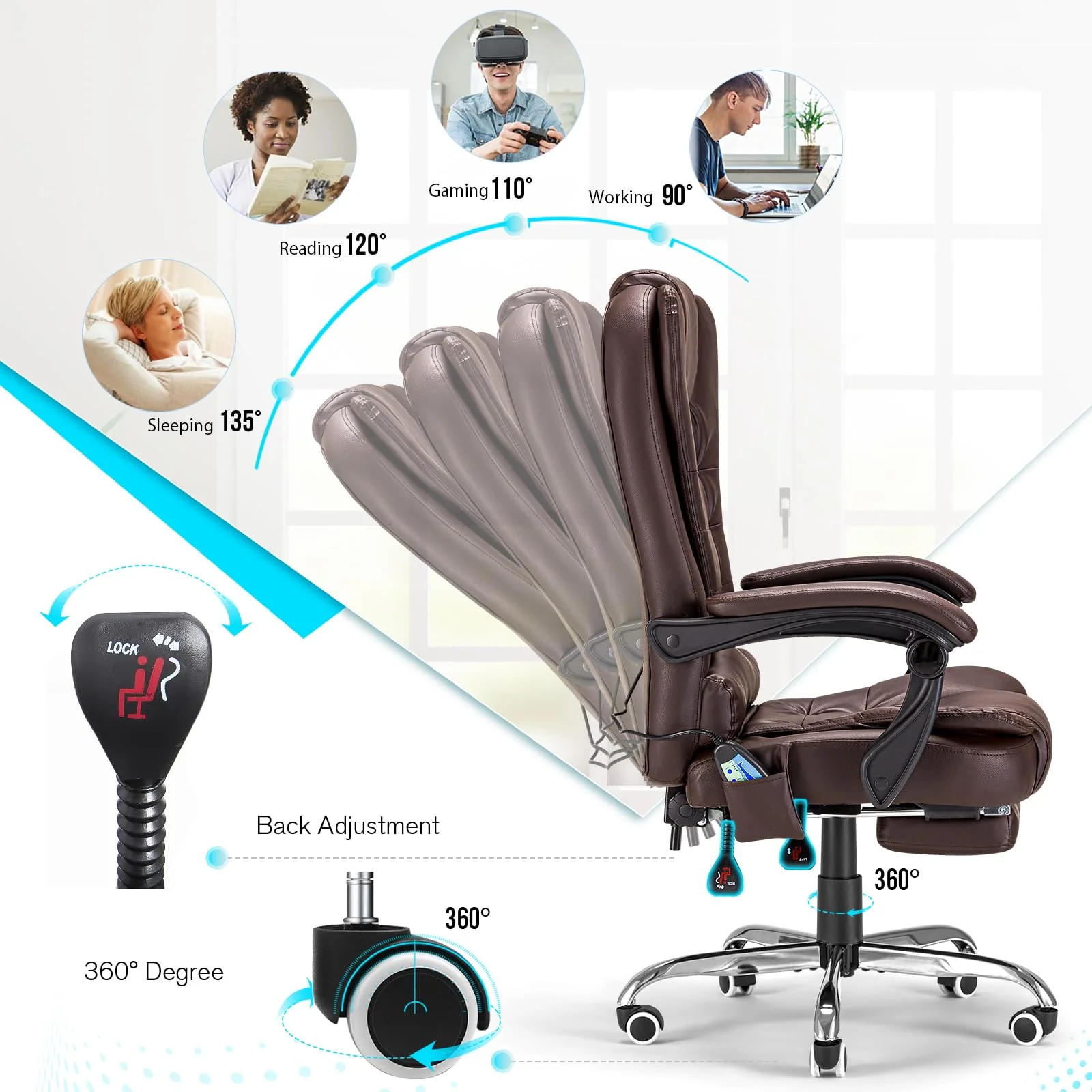 AECOJOY Office Chair with 7 Points Vibration Massage&Heat Functions, Brown Leather with Footrest