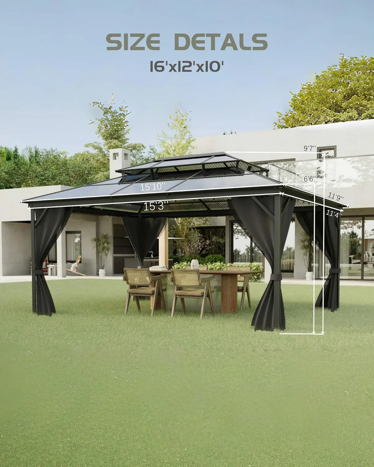 WALYWIK Hardtop Gazebo 12FT*16FT for All Weather, Double Polycarbonate Sheet Roof, Aluminum Frame, Net and Curtains, Permanent Construction for Patio, Deck, Backyard, Lawn and Garden, Grey
