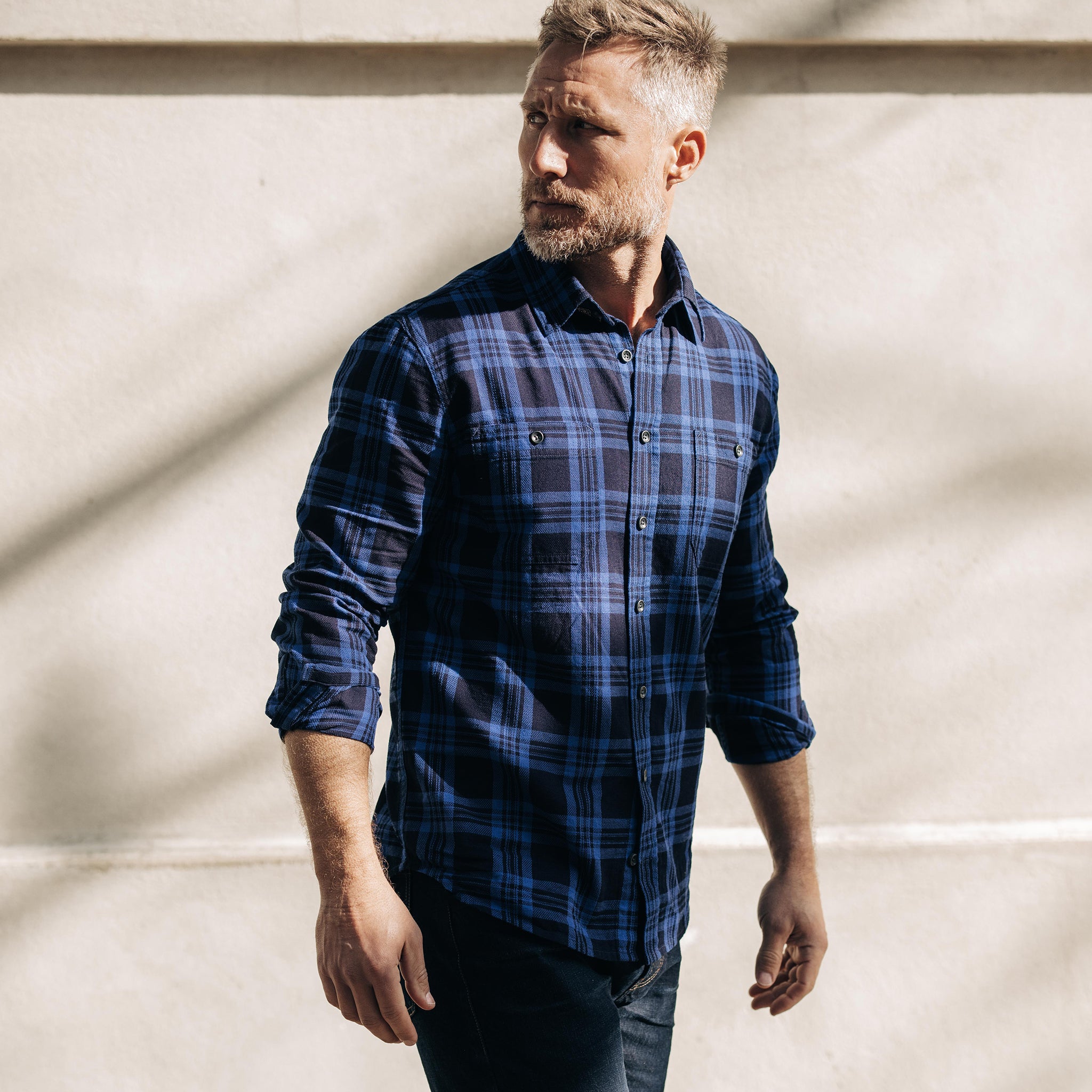 Chemise utilitaire à carreaux indigo délavé