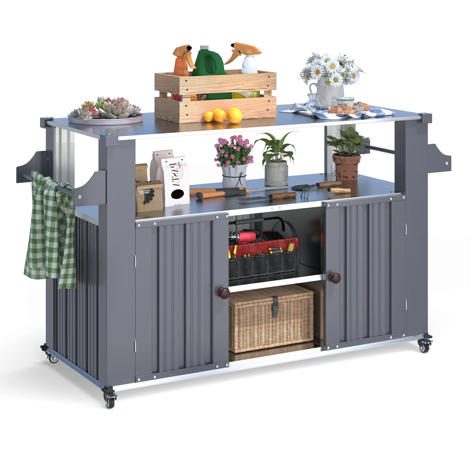 AECOJOY Outdoor Grill Table Cart with Storage Cabinet, Dark Grey