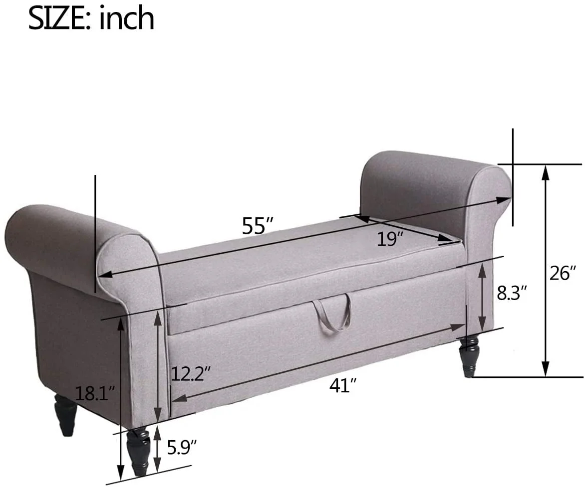 Storage Bench with Arms Upholstered Bench Settee for Bedroom Living Room Gray(Gray) Image 3