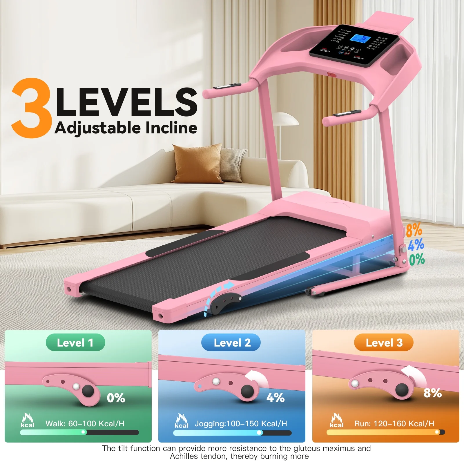 Treadmill with 8% Incline, 3.0 HP Foldable Compact Treadmill with Sit-up Function, 300 lbs Walking Running Treadmill with LCD Display for Exercise, 12 Programs(Pink-Upgraded) - Image 6