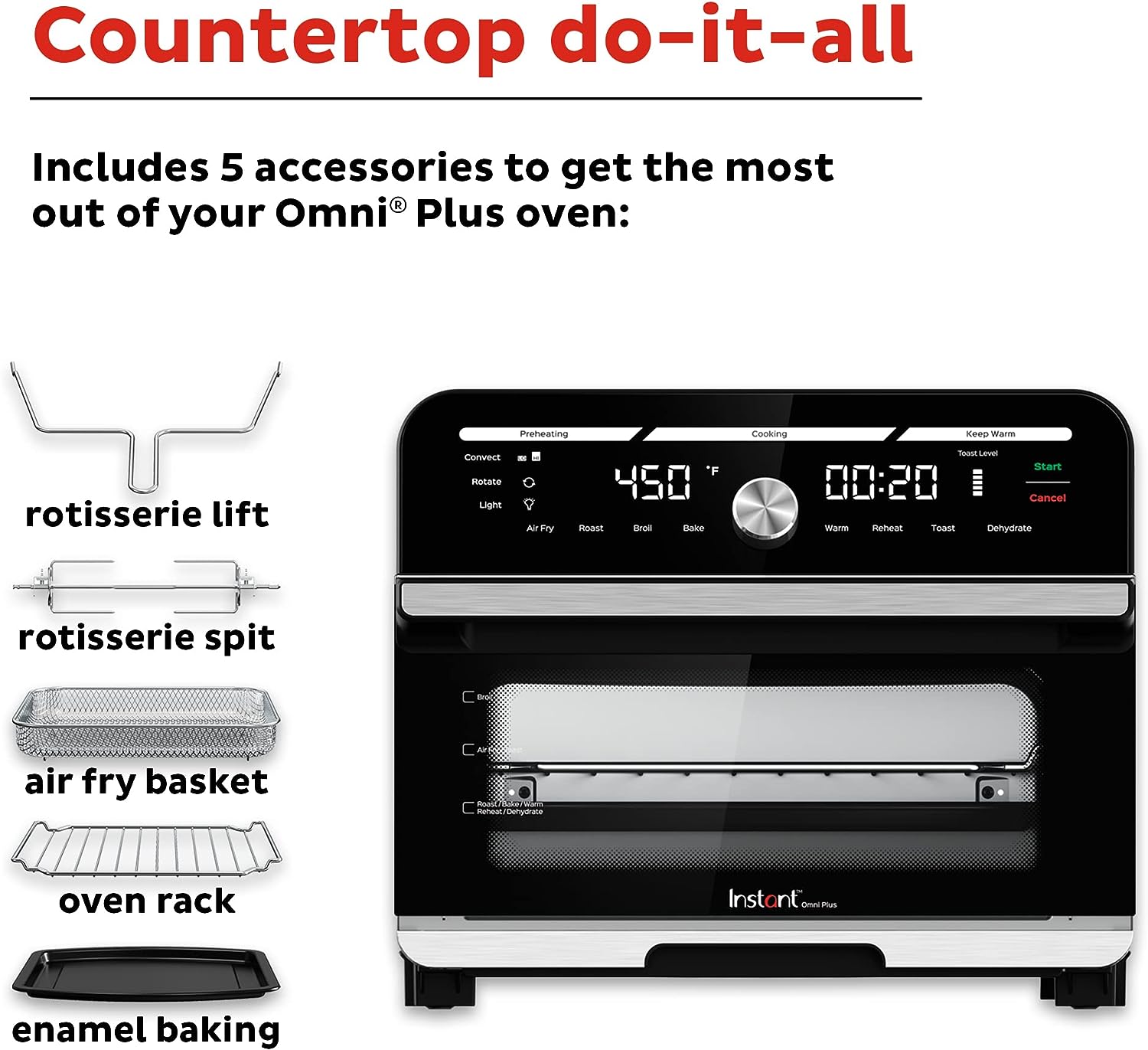 Four combiné friteuse à air chaud et grille-pain Instant Omni Plus 19 QT/18 L, par les créateurs d'Instant Pot, 10 fonctions en 1, peut contenir une pizza de 30 cm et 6 tranches de pain, application avec plus de 100 recettes, acier inoxydable. Visite