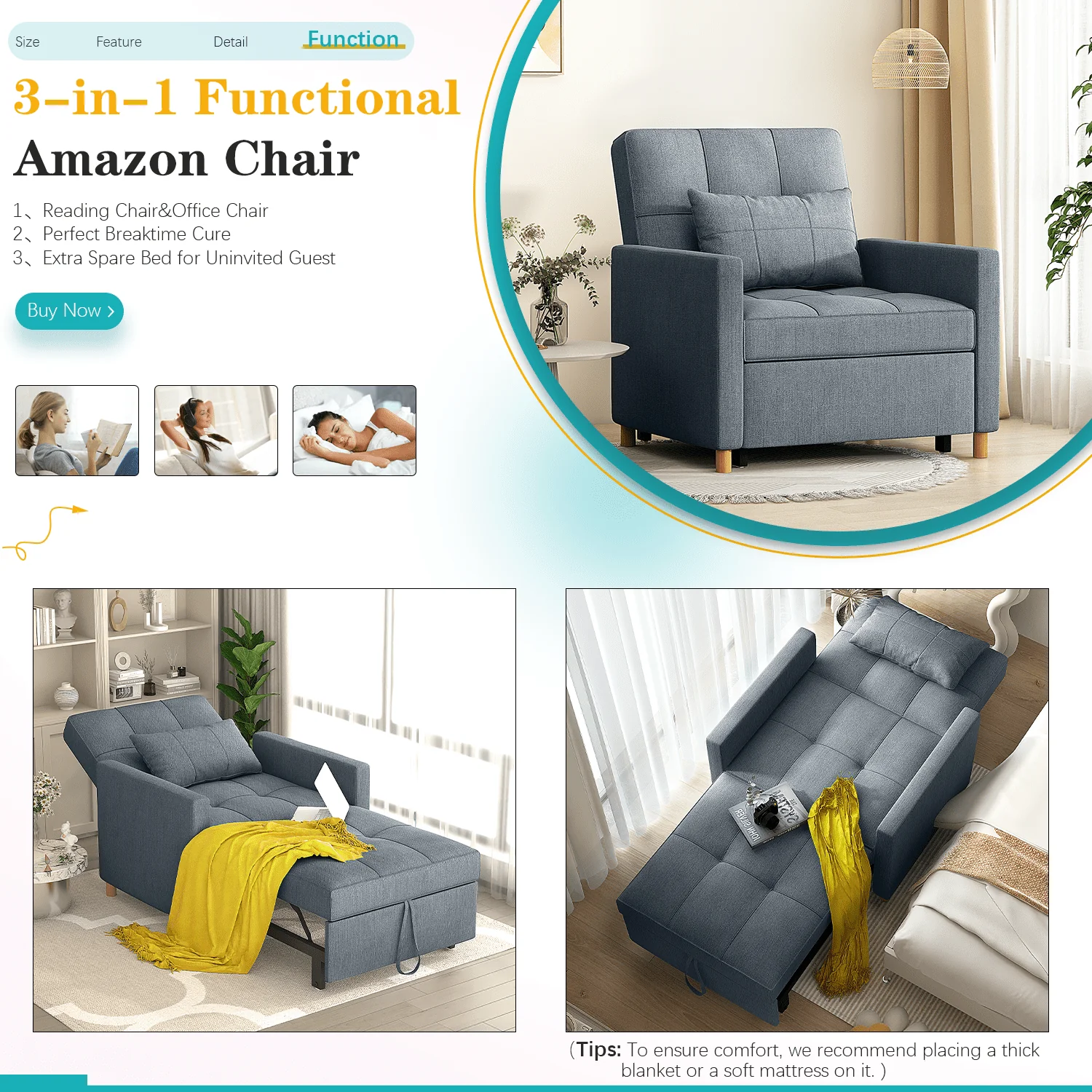 YODOLLA Sleeper Sofa Chair 3 in 1 Sleeper Chairs for Adults Pull Out Chair Bed Sleeper with Extra Pillow and Convertible Backrest Multi Functional Fold Out Chair Bed for Small Space (Dark Grey) Image 5
