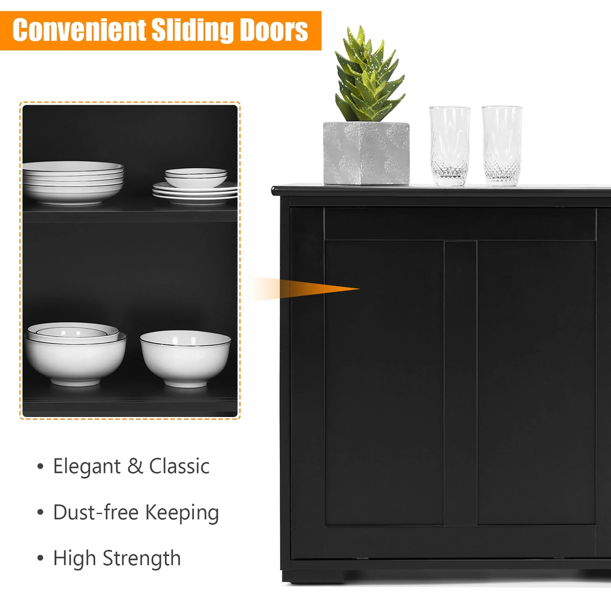 Costway Kitchen Storage Cabinet Sideboard Buffet Cupboard Wood Sliding Door Pantry Black